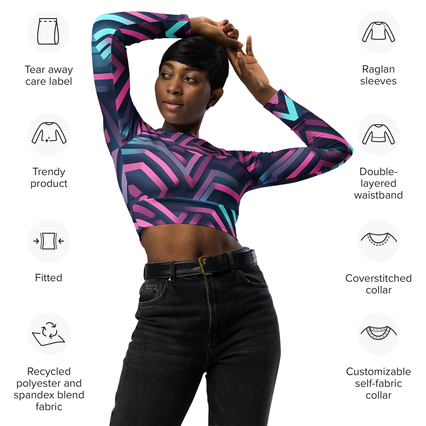 3D Maze Illusion | 3D Patterns | All-Over Print Recycled Long Sleeve Crop Top - #4