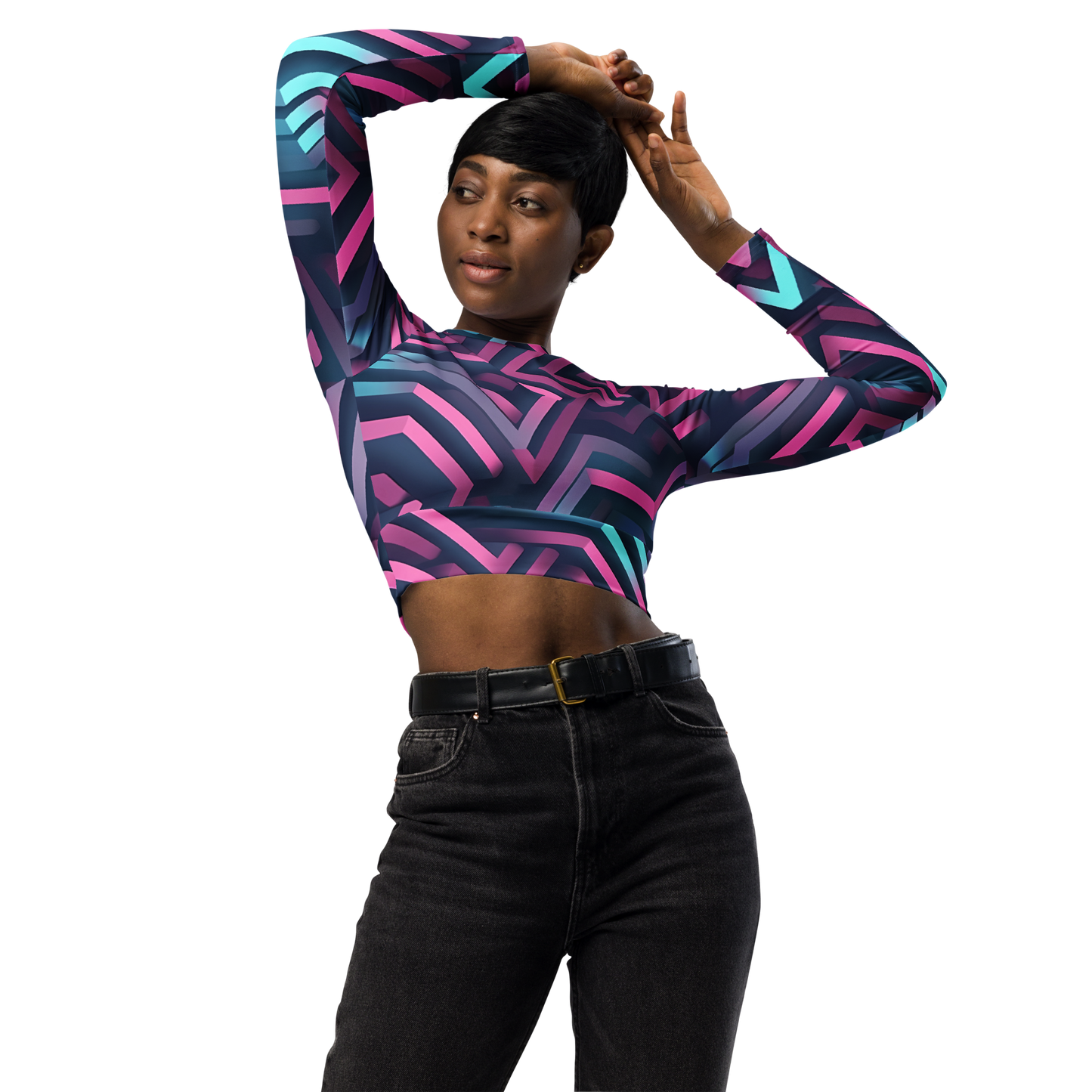 3D Maze Illusion | 3D Patterns | All-Over Print Recycled Long Sleeve Crop Top - #4