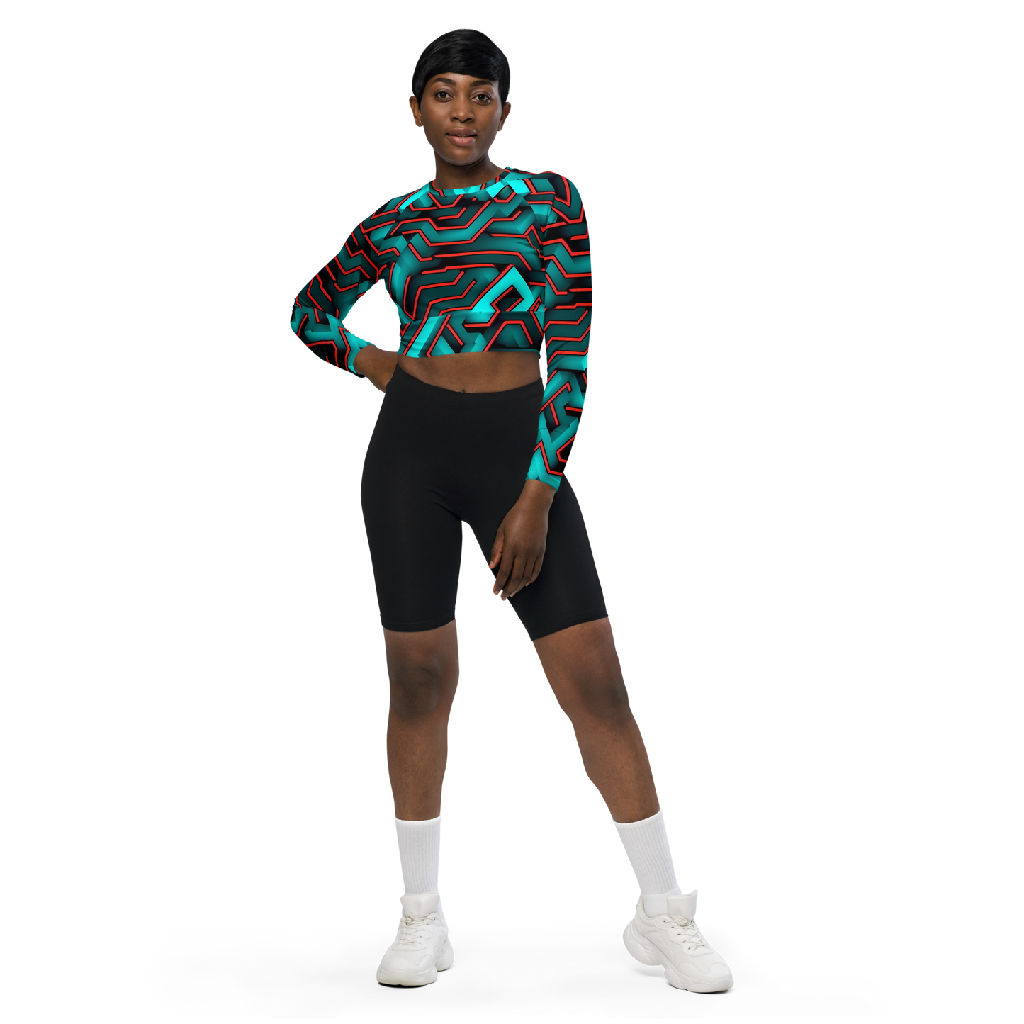3D Maze Illusion | 3D Patterns | All-Over Print Recycled Long Sleeve Crop Top - #2