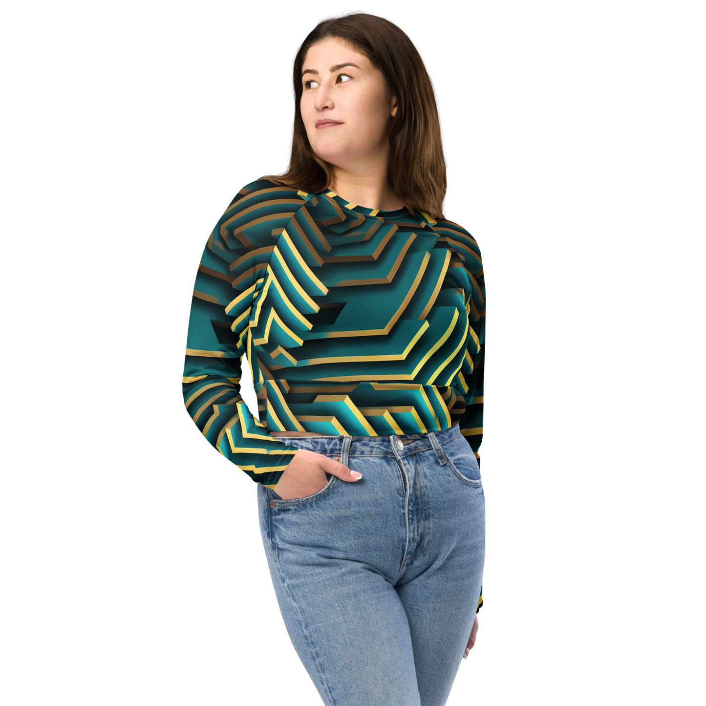 3D Maze Illusion | 3D Patterns | All-Over Print Recycled Long Sleeve Crop Top - #5