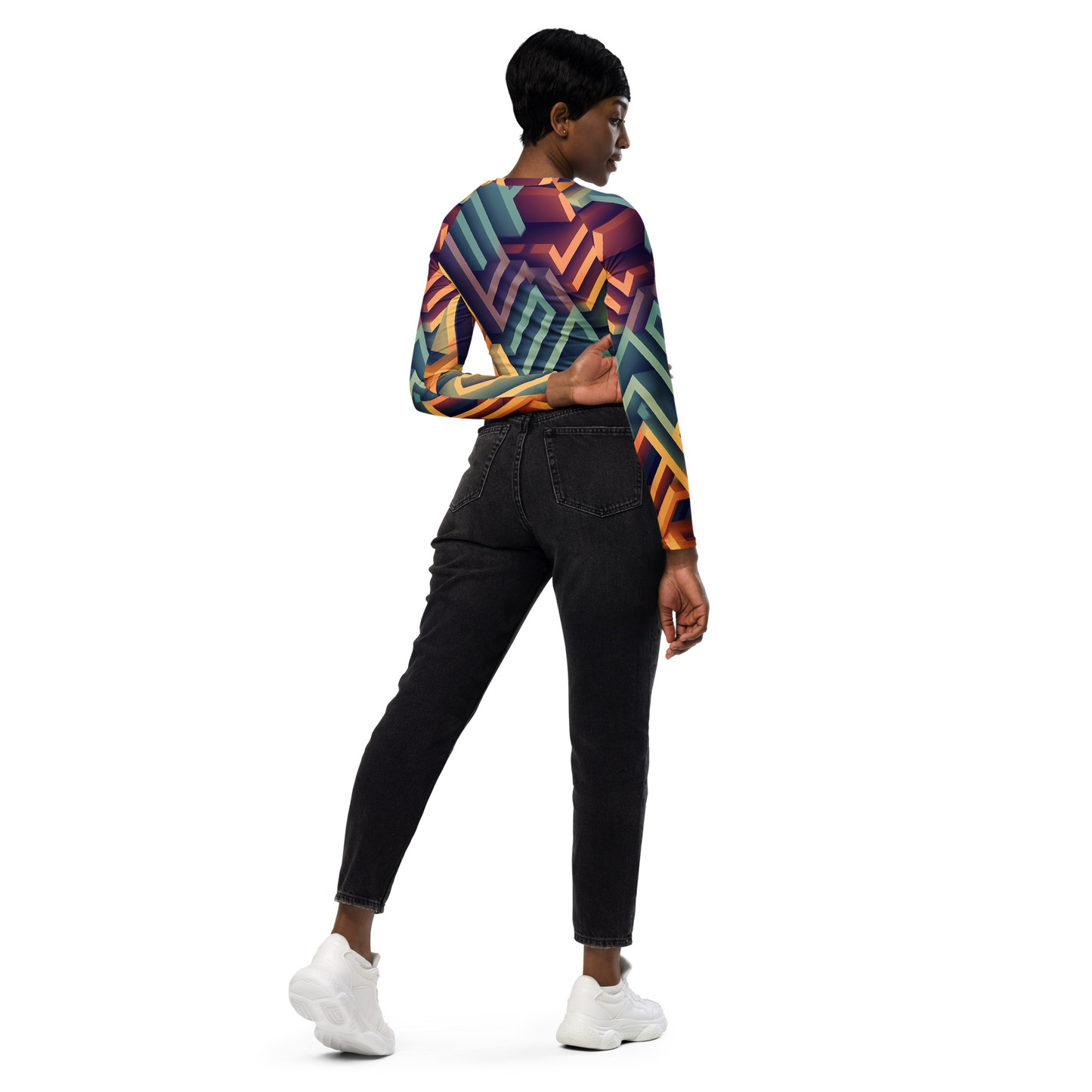 3D Maze Illusion | 3D Patterns | All-Over Print Recycled Long Sleeve Crop Top - #3