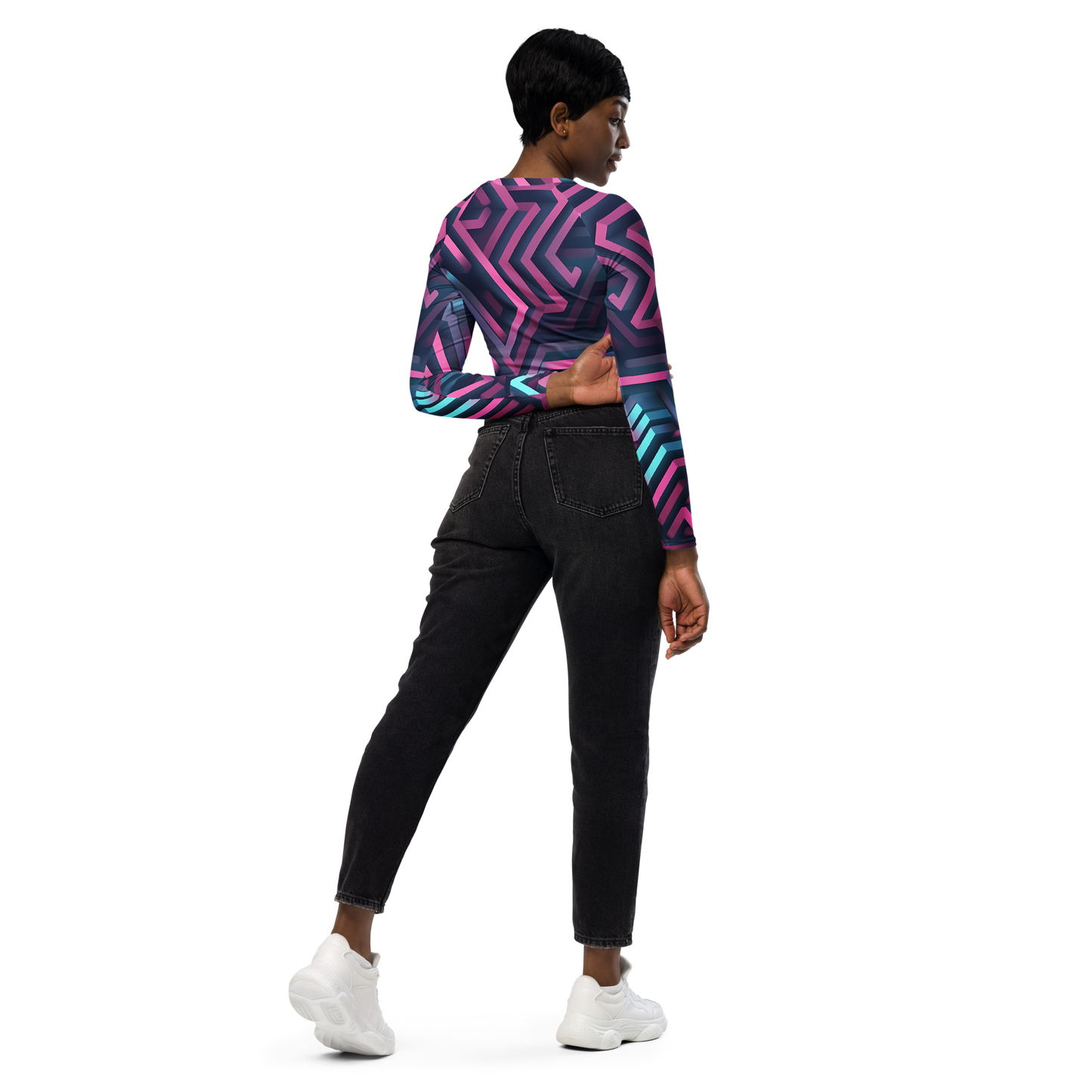 3D Maze Illusion | 3D Patterns | All-Over Print Recycled Long Sleeve Crop Top - #4