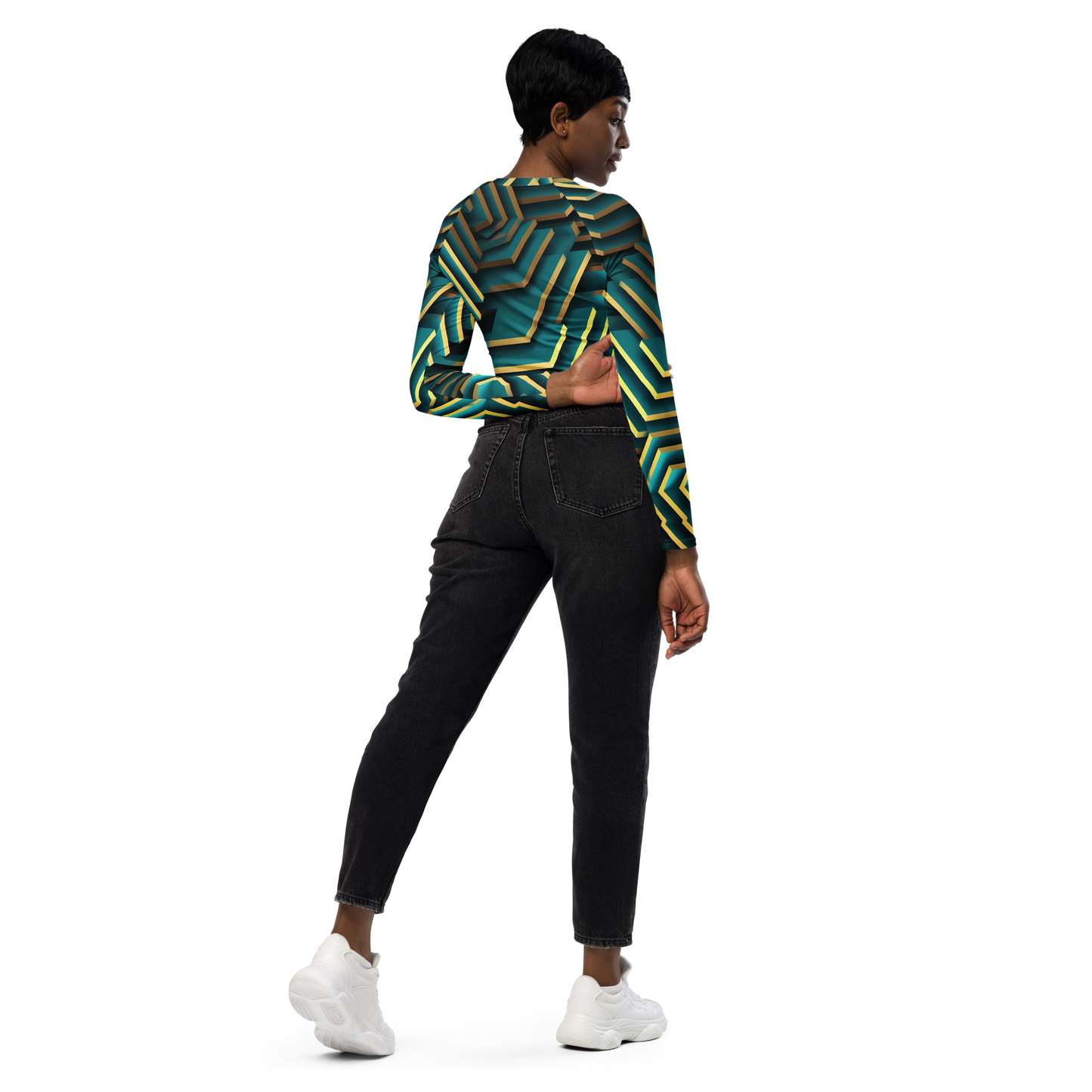 3D Maze Illusion | 3D Patterns | All-Over Print Recycled Long Sleeve Crop Top - #5