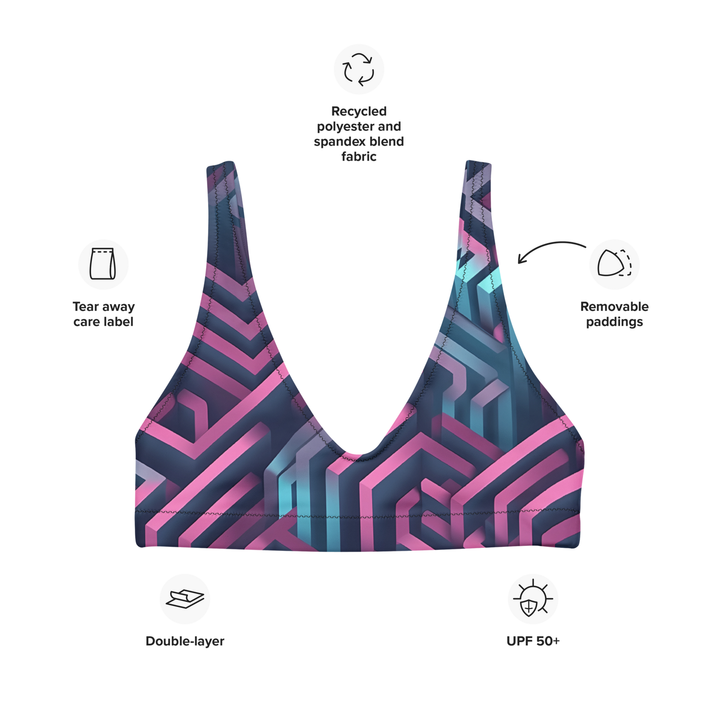 3D Maze Illusion | 3D Patterns | All-Over Print Recycled Padded Bikini Top - #4