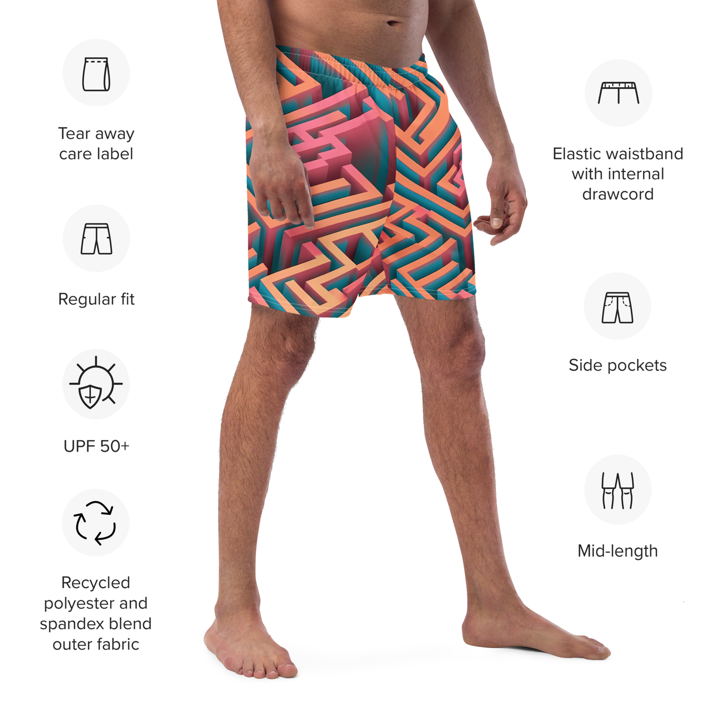 3D Maze Illusion | 3D Patterns | All-Over Print Recycled Swim Trunks - #1