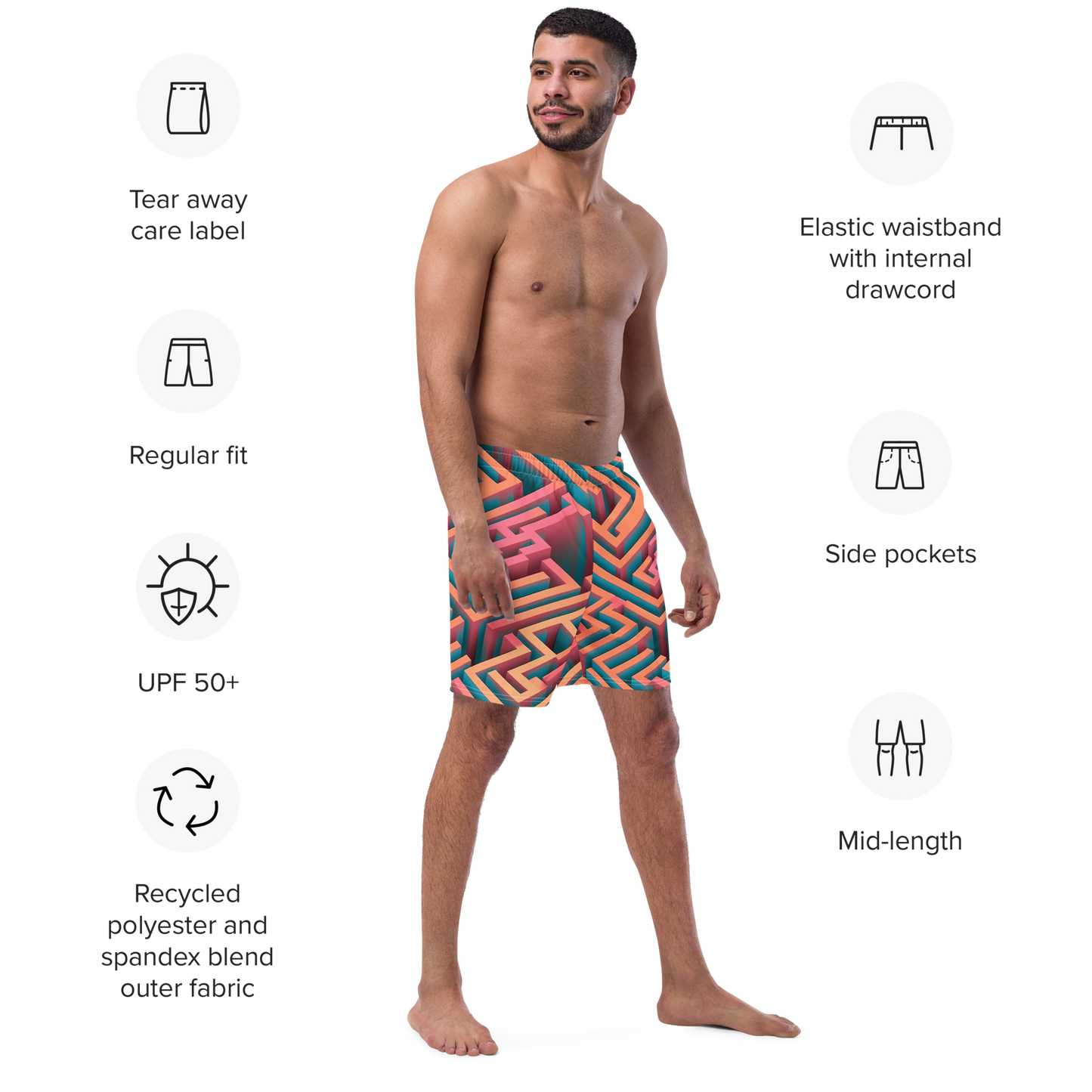 3D Maze Illusion | 3D Patterns | All-Over Print Recycled Swim Trunks - #1