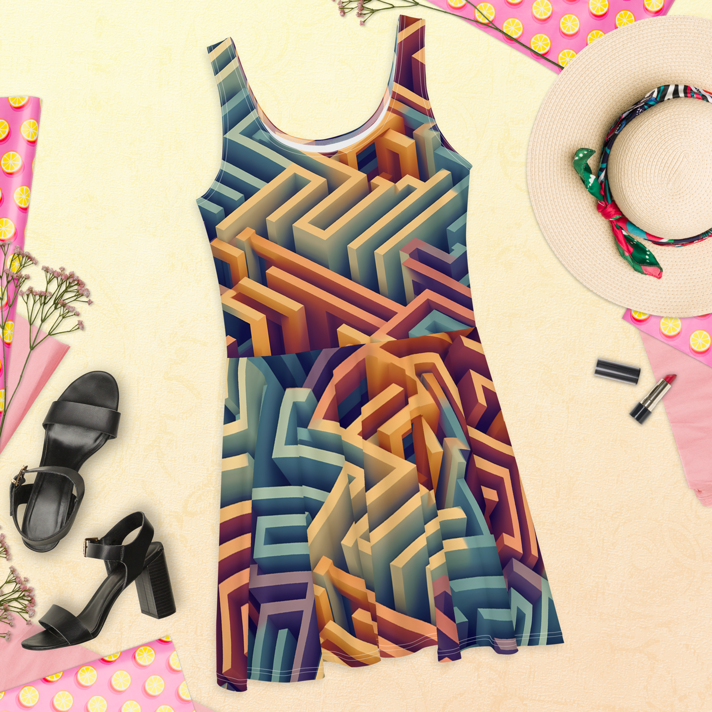 3D Maze Illusion | 3D Patterns | All-Over Print Skater Dress - #3