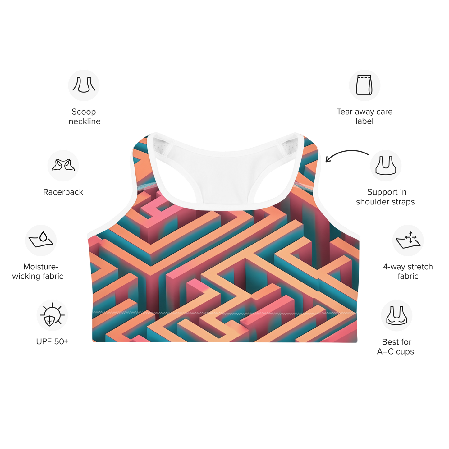3D Maze Illusion | 3D Patterns | All-Over Print Sports Bra - #1