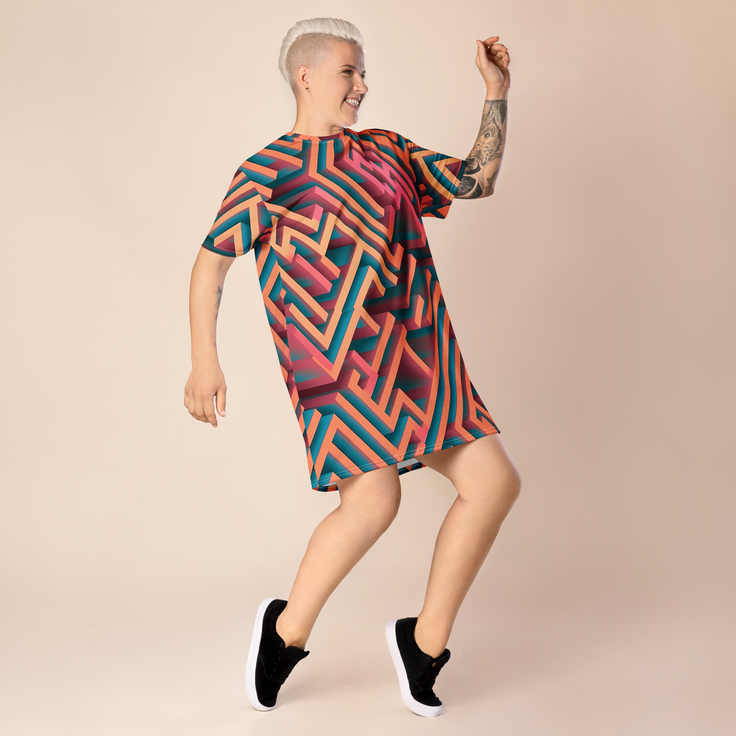 3D Maze Illusion | 3D Patterns | All-Over Print T-Shirt Dress - #1