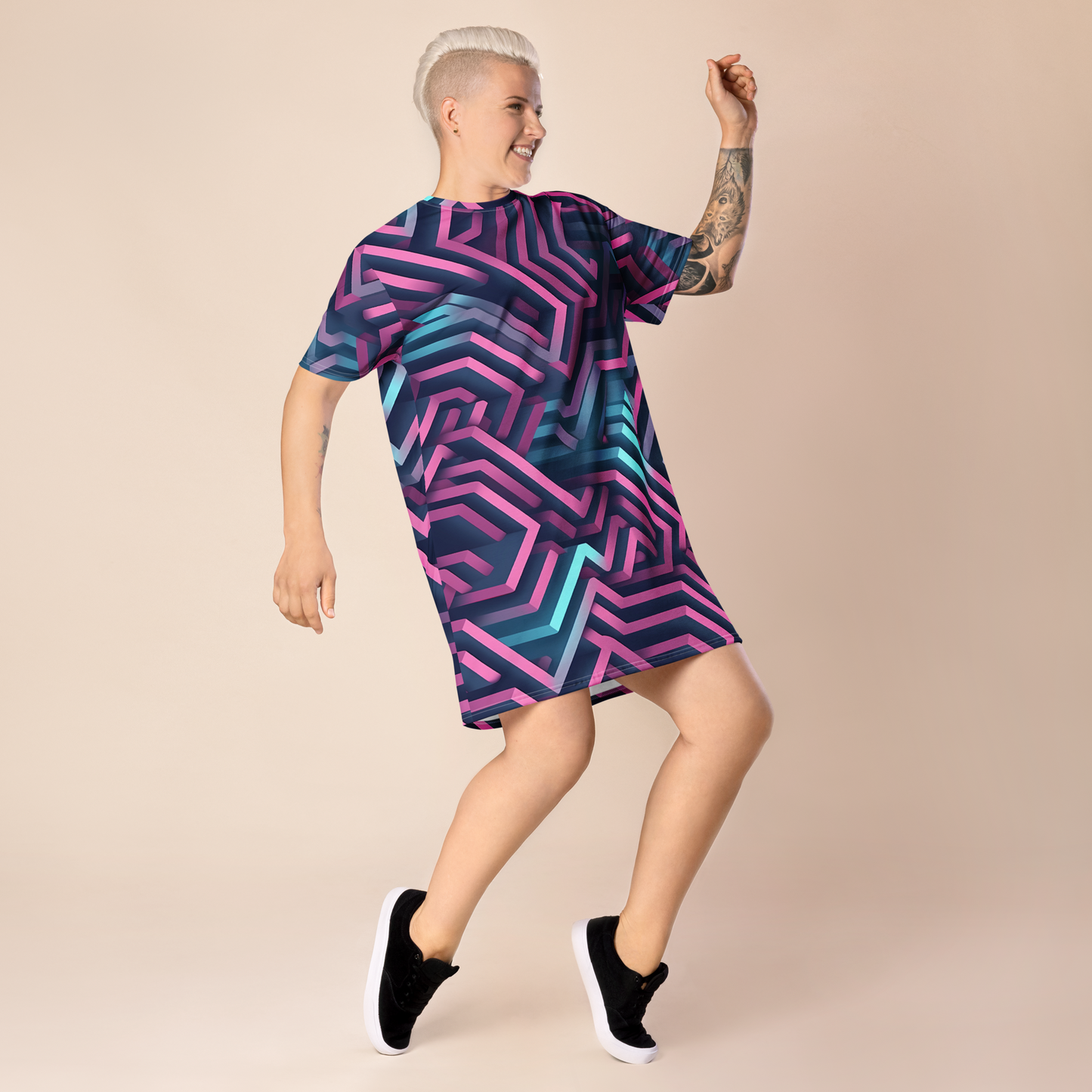 3D Maze Illusion | 3D Patterns | All-Over Print T-Shirt Dress - #4