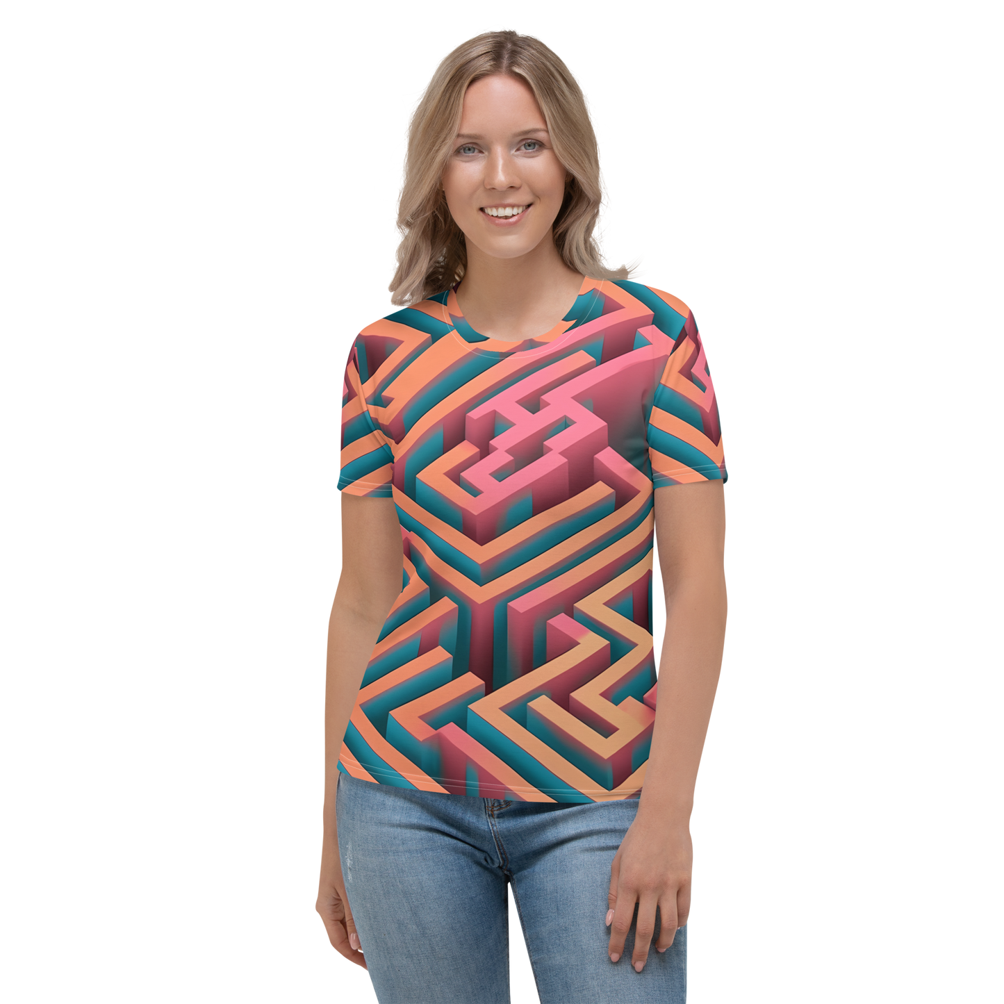 3D Maze Illusion | 3D Patterns | All-Over Print Women's Crew Neck T-Shirt - #1