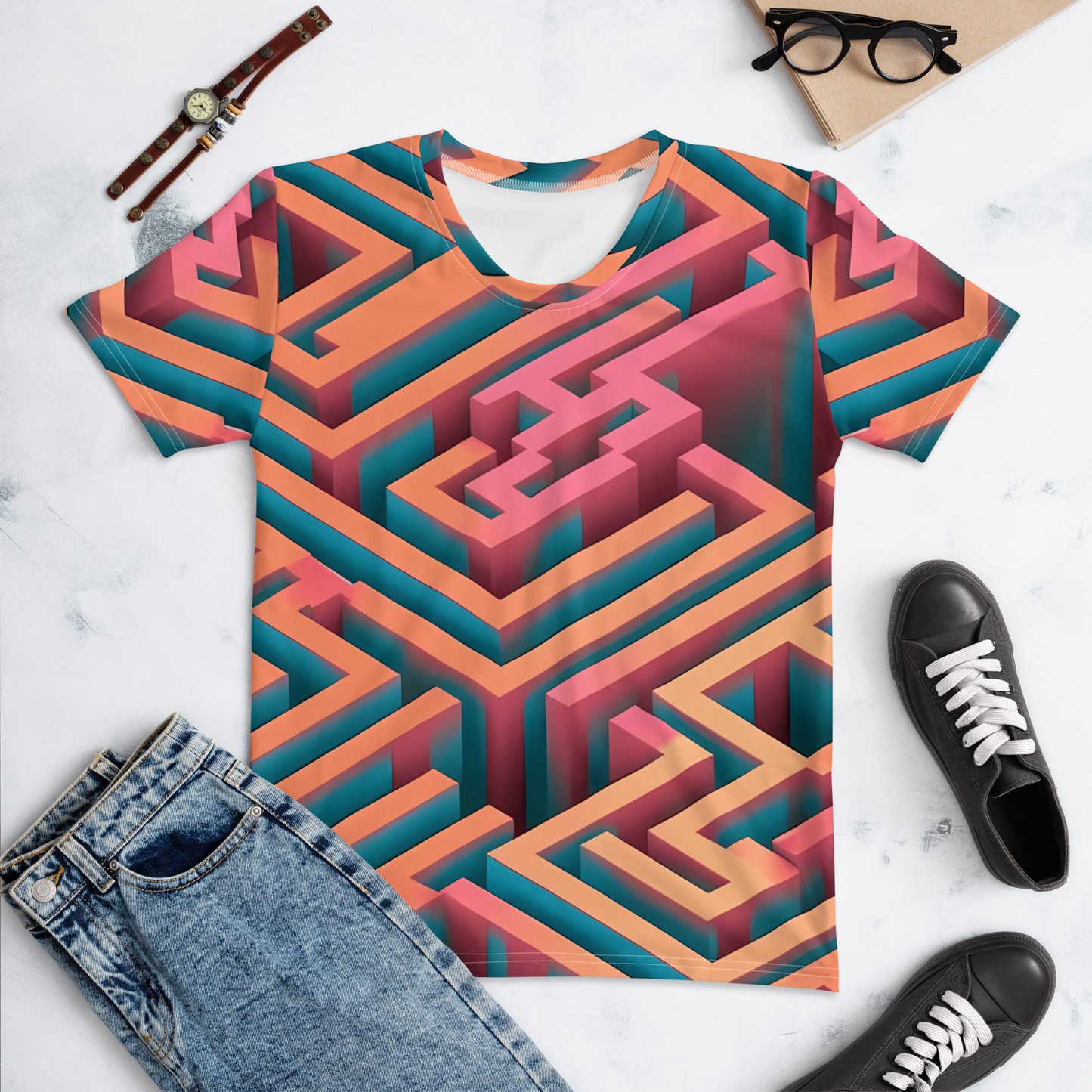 3D Maze Illusion | 3D Patterns | All-Over Print Women's Crew Neck T-Shirt - #1