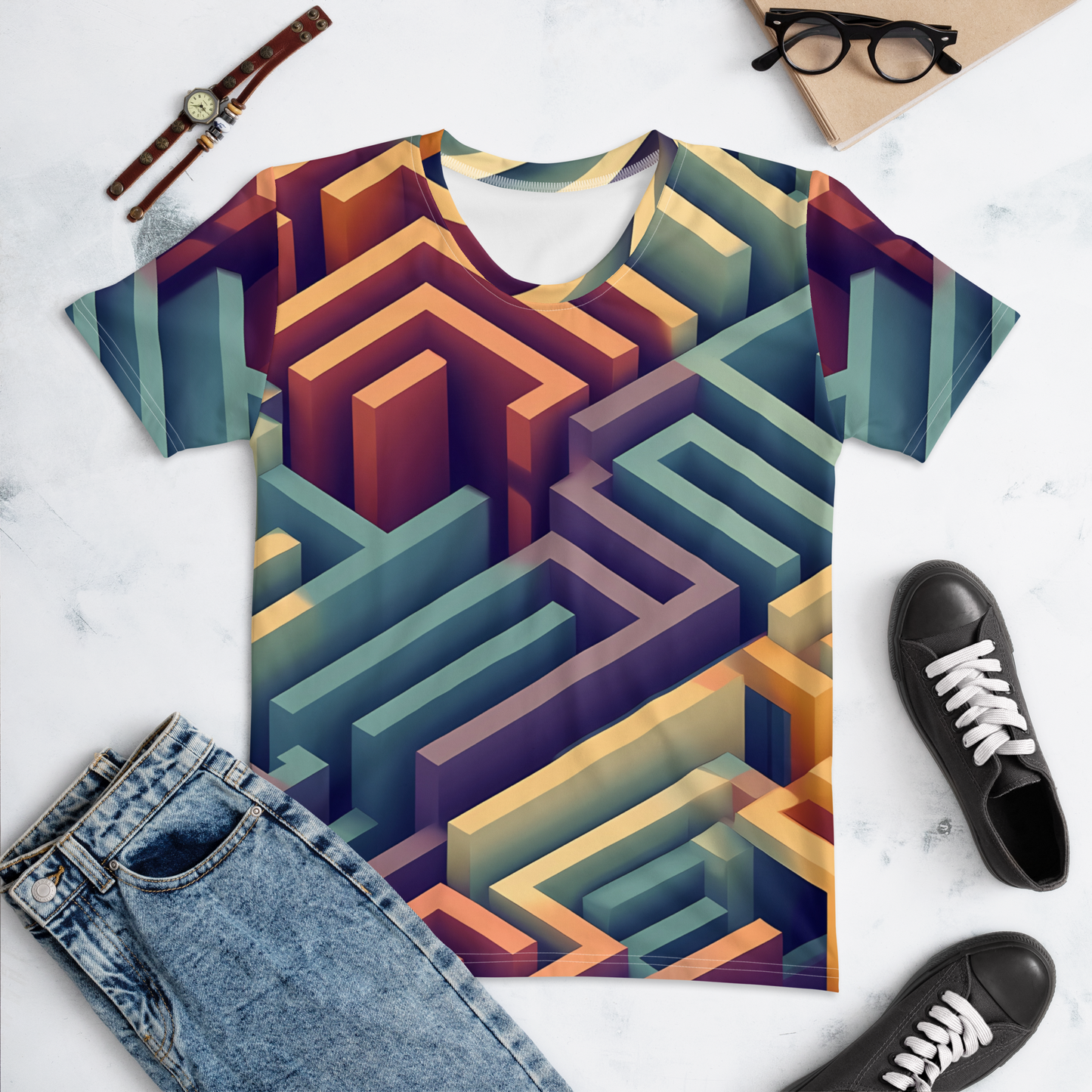 3D Maze Illusion | 3D Patterns | All-Over Print Women's Crew Neck T-Shirt - #3