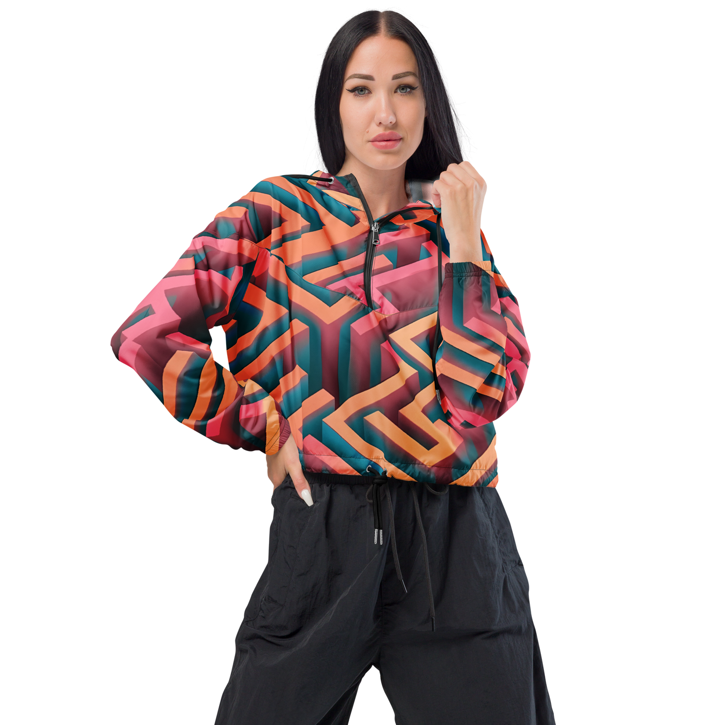 3D Maze Illusion | 3D Patterns | All-Over Print Women's Cropped Windbreaker - #1