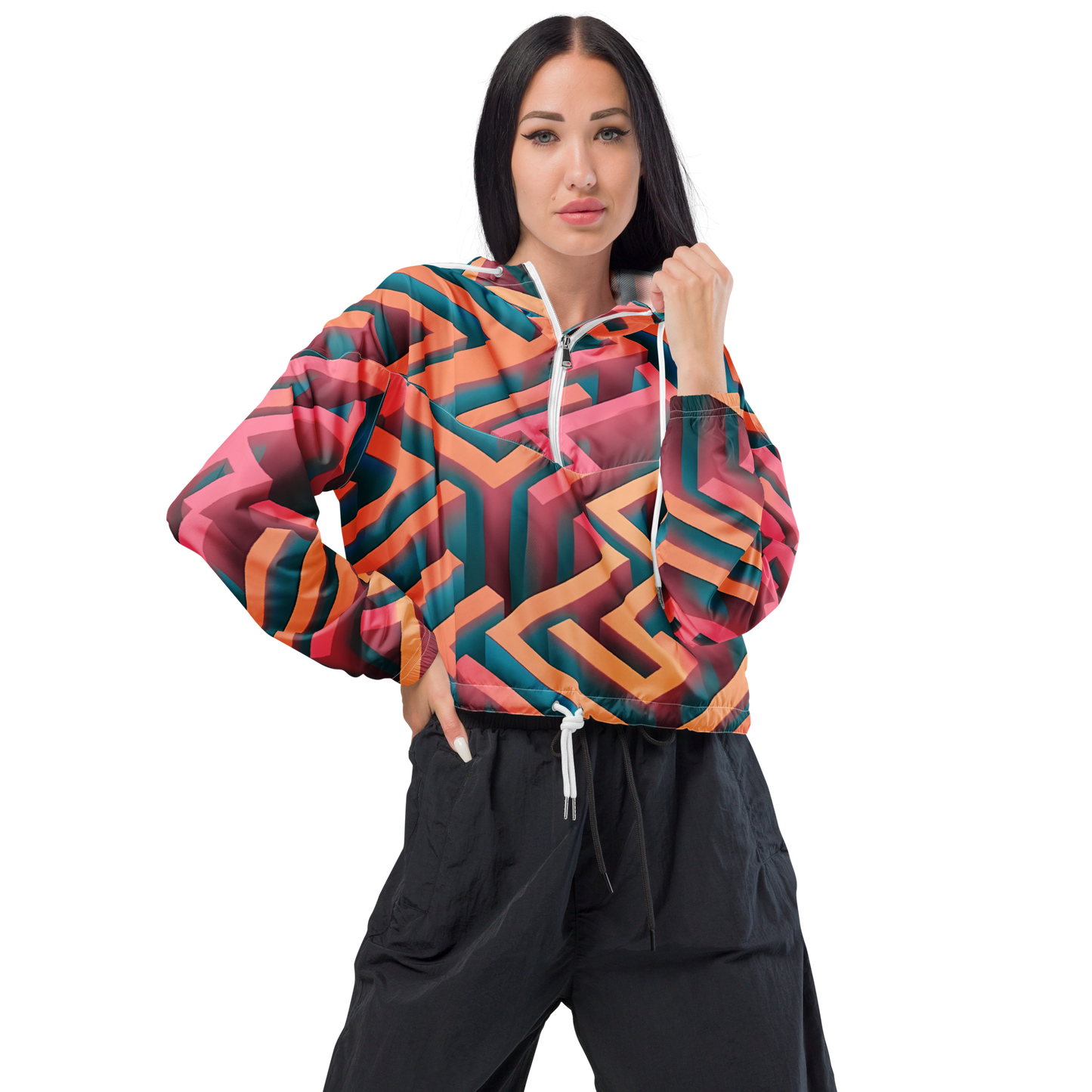 3D Maze Illusion | 3D Patterns | All-Over Print Women's Cropped Windbreaker - #1