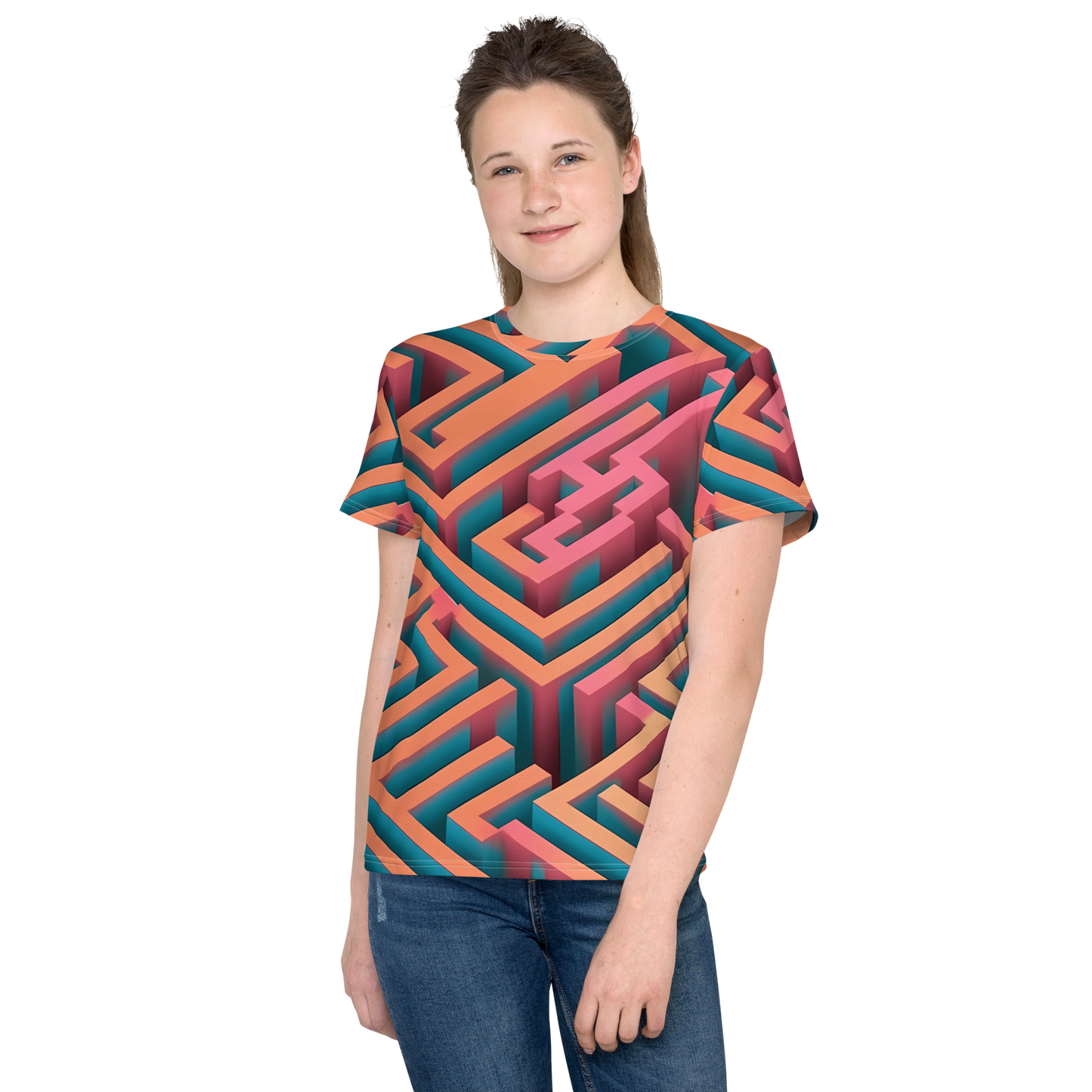 3D Maze Illusion | 3D Patterns | All-Over Print Youth Crew Neck T-shirt - #1