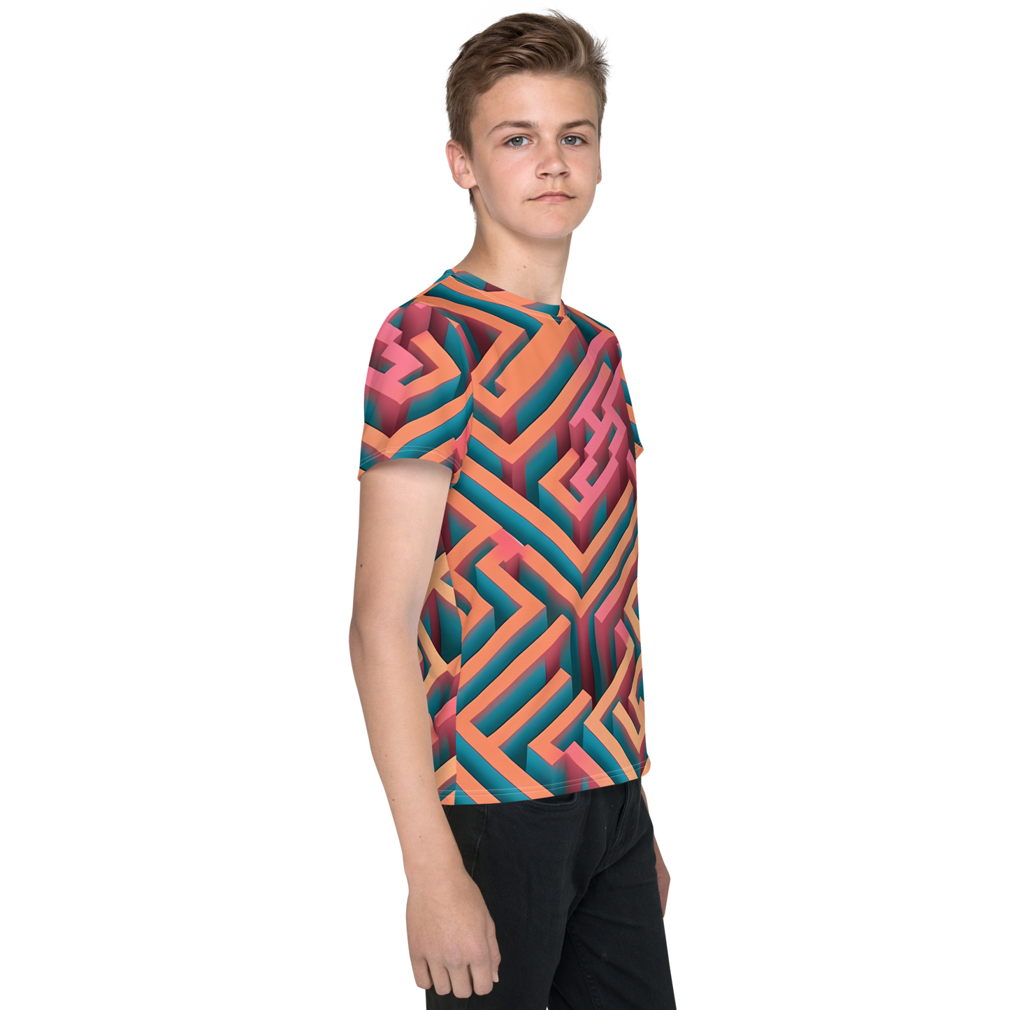 3D Maze Illusion | 3D Patterns | All-Over Print Youth Crew Neck T-shirt - #1