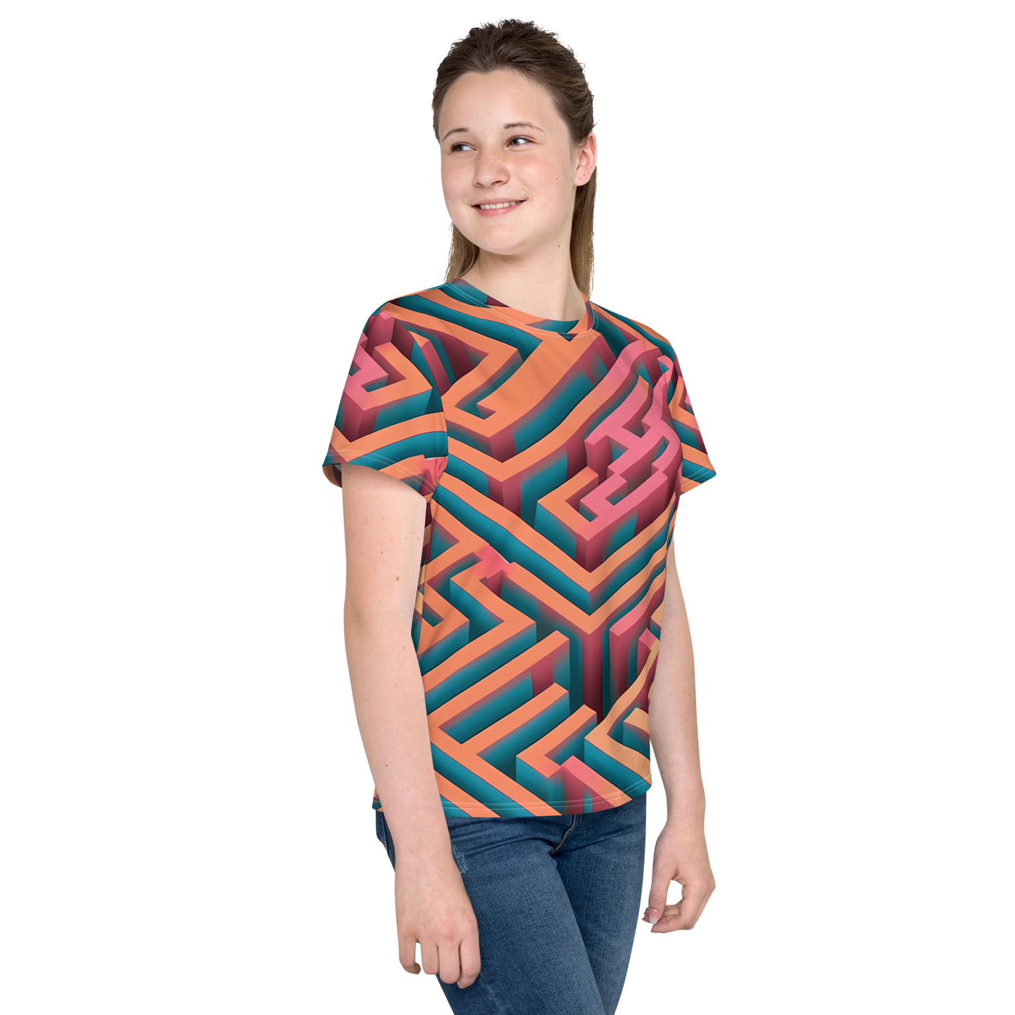 3D Maze Illusion | 3D Patterns | All-Over Print Youth Crew Neck T-shirt - #1