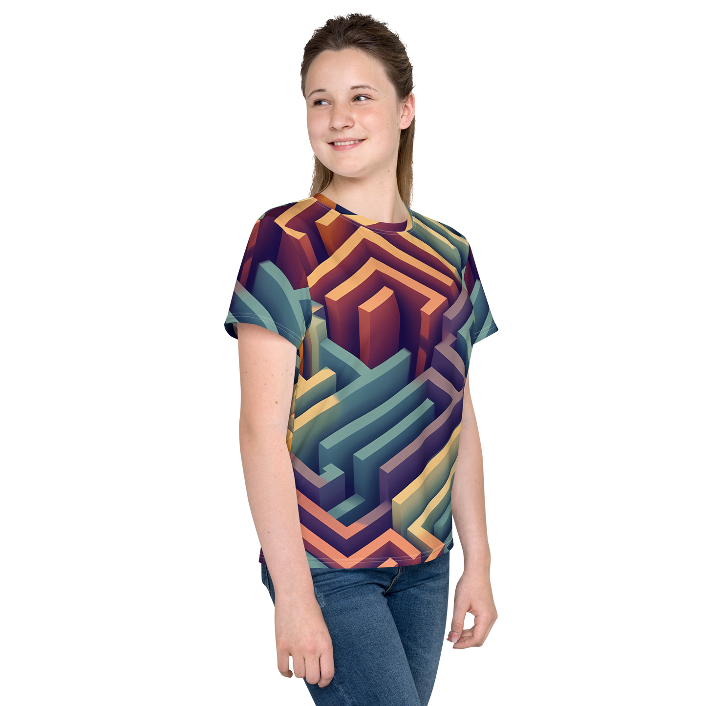 3D Maze Illusion | 3D Patterns | All-Over Print Youth Crew Neck T-shirt - #3