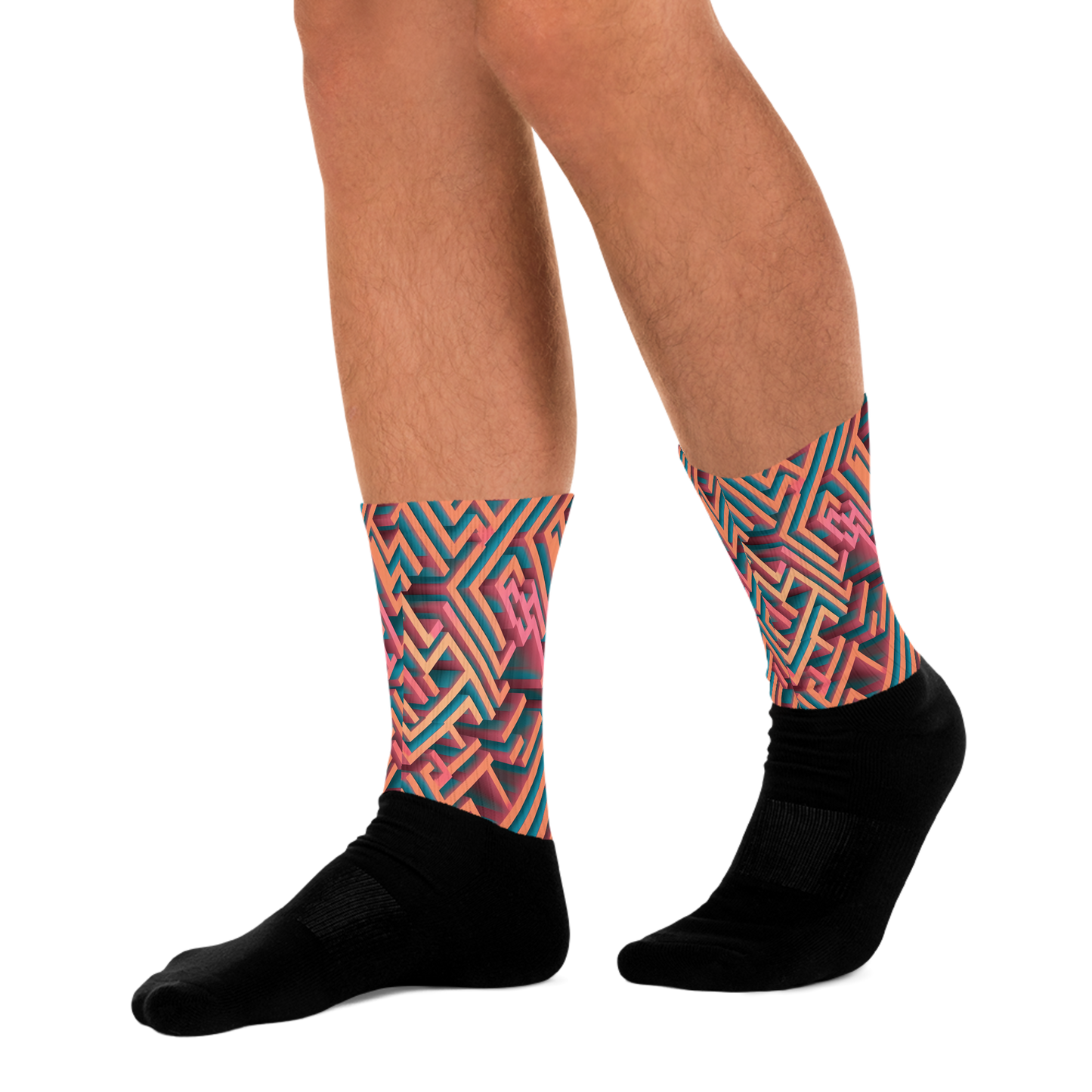 3D Maze Illusion | 3D Patterns | Black Foot Sublimated Socks - #1