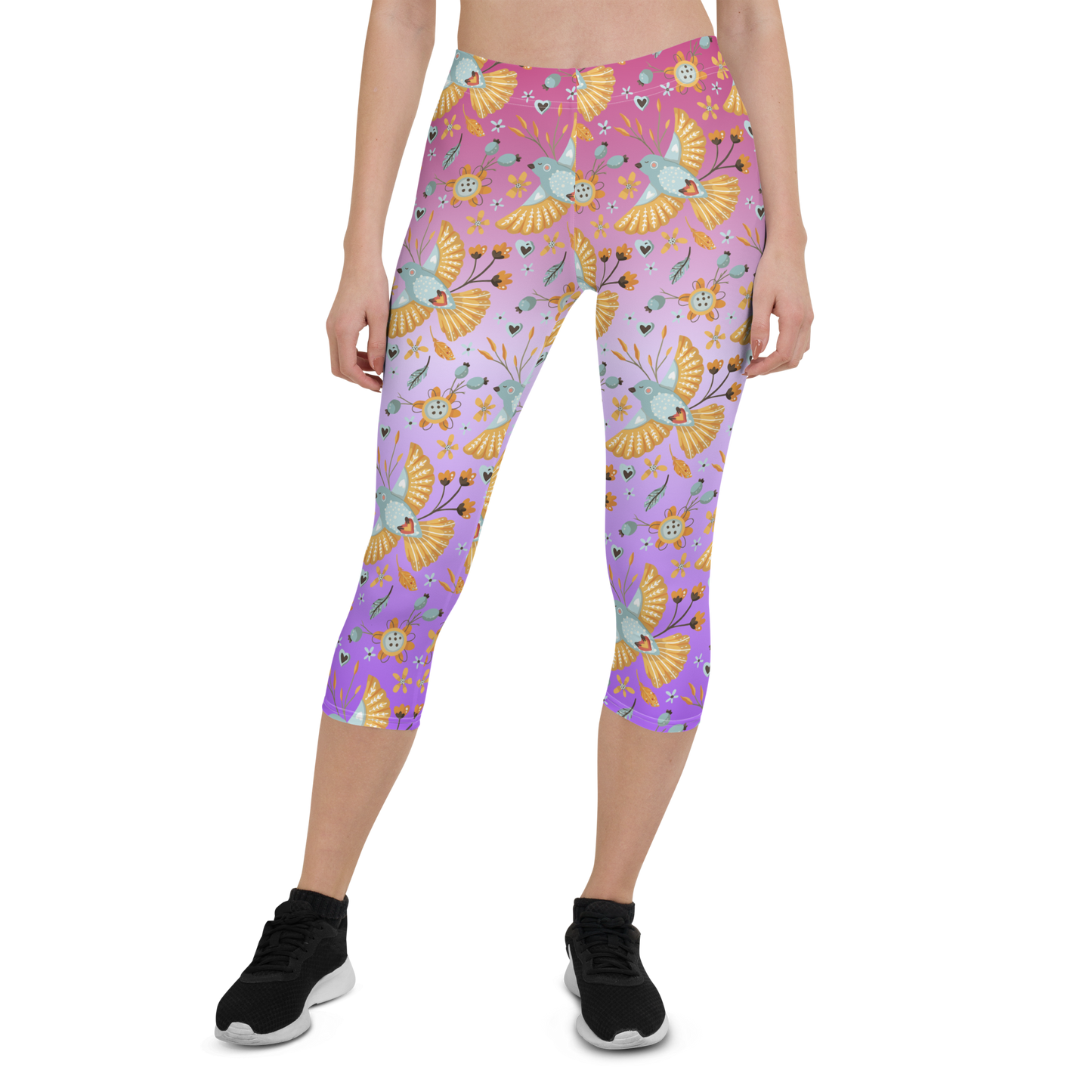 Pink & Purple | Boho Birds Pattern | Bohemian Style | All-Over Print Capri Leggings - #3