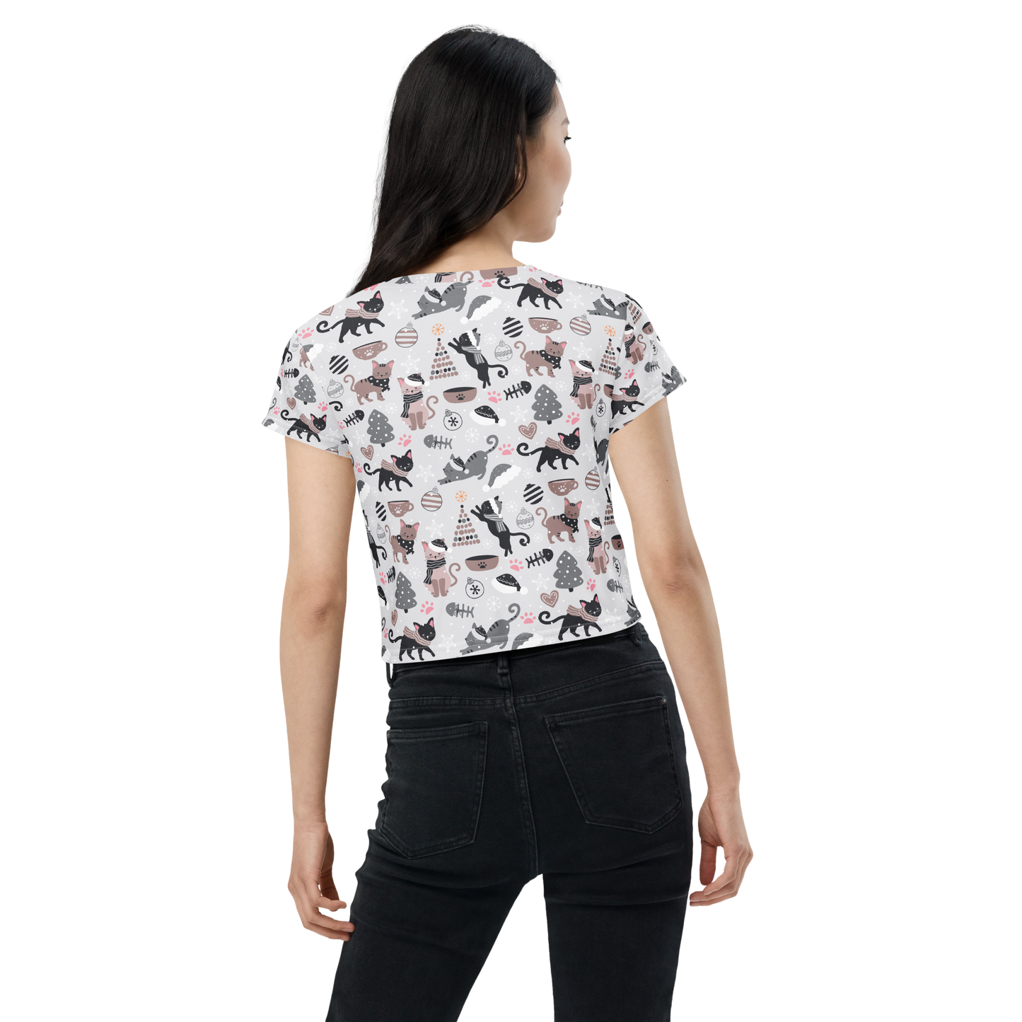 Winter Christmas Cat | Seamless Patterns | All-Over Print Crop Tee - #6