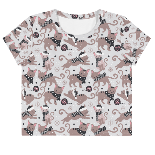Winter Christmas Cat | Seamless Patterns | All-Over Print Crop Tee - #1