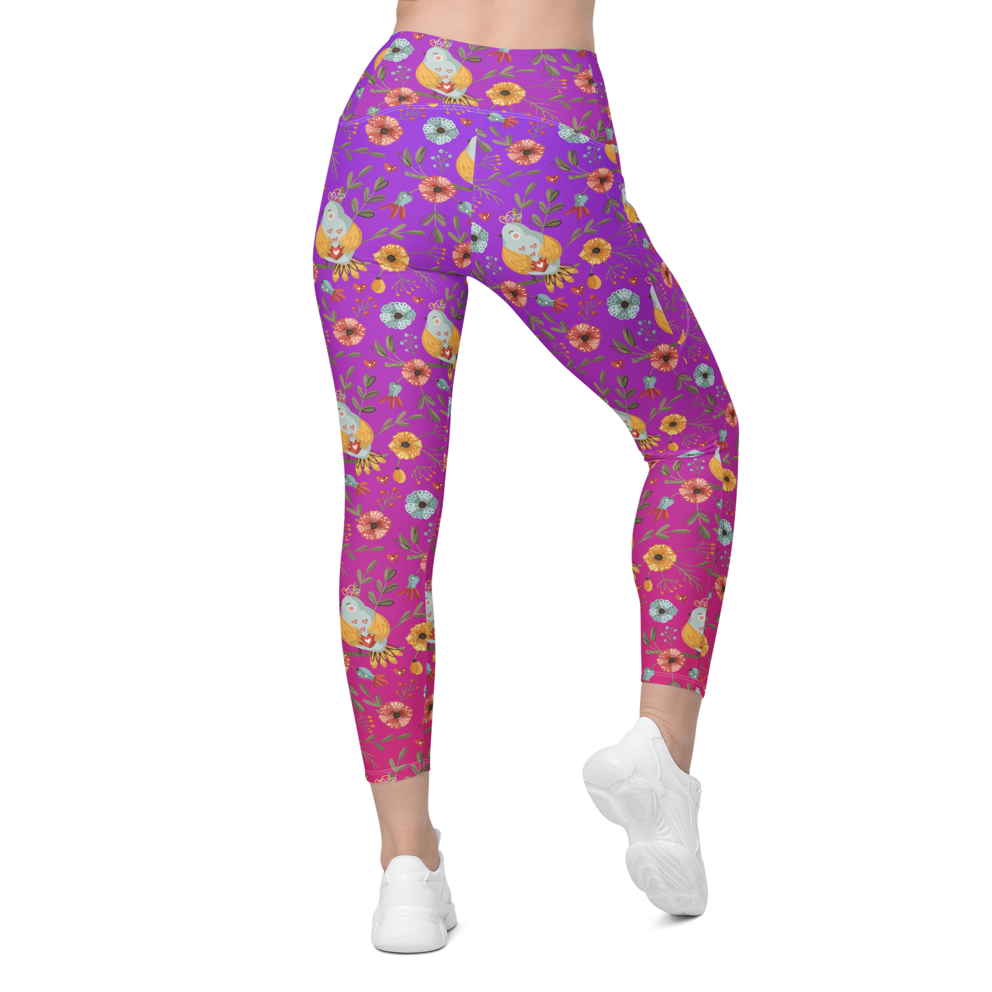 Pink & Purple | Boho Birds Pattern | Bohemian Style | All-Over Print Crossover Leggings with Pockets - #3