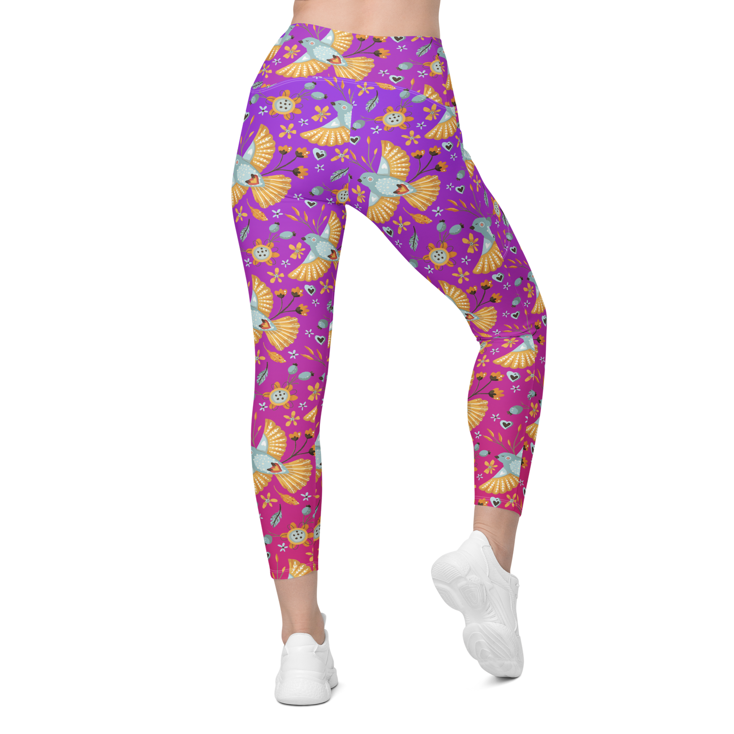 Pink & Purple | Boho Birds Pattern | Bohemian Style | All-Over Print Crossover Leggings with Pockets - #8