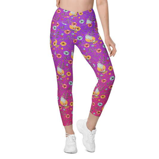 Pink & Purple | Boho Birds Pattern | Bohemian Style | All-Over Print Crossover Leggings with Pockets - #3