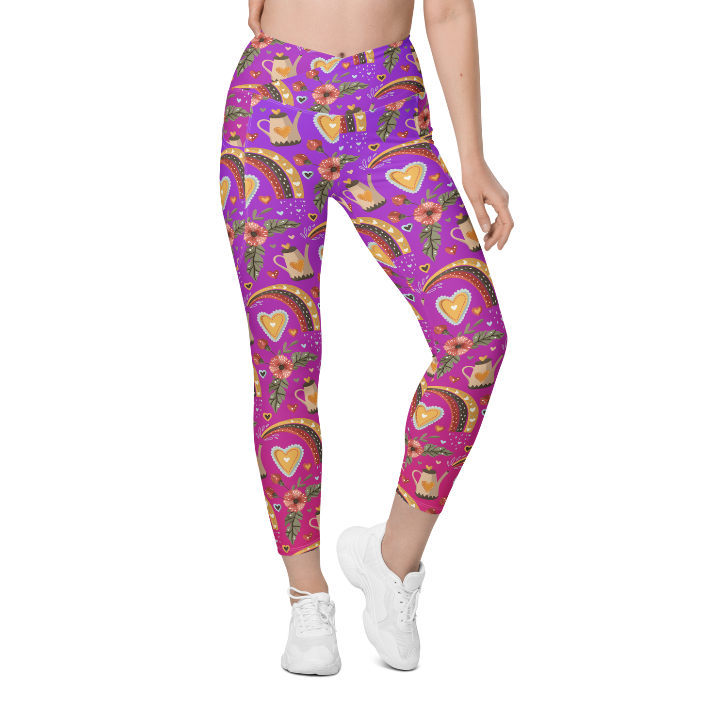 Pink & Purple | Boho Birds Pattern | Bohemian Style | All-Over Print Crossover Leggings with Pockets - #4