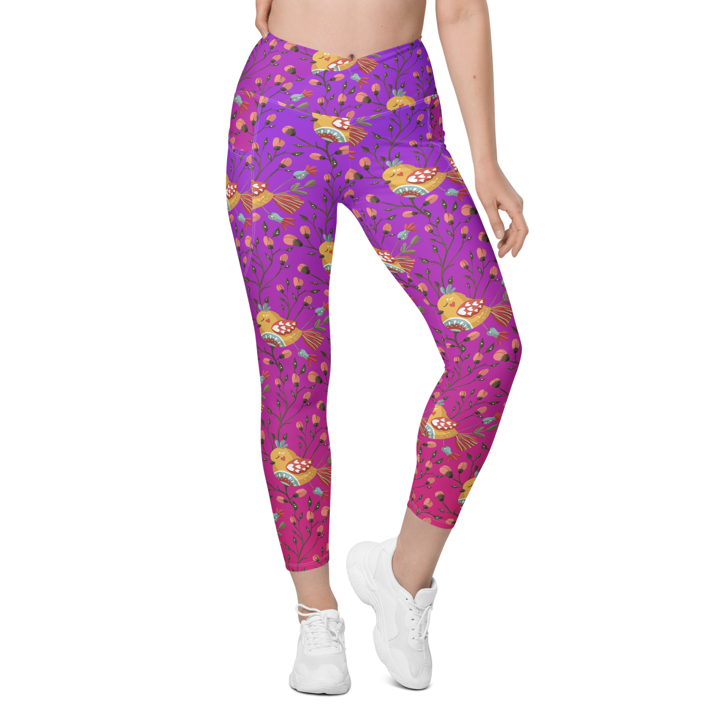 Pink & Purple | Boho Birds Pattern | Bohemian Style | All-Over Print Crossover Leggings with Pockets - #7