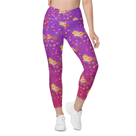 Pink & Purple | Boho Birds Pattern | Bohemian Style | All-Over Print Crossover Leggings with Pockets - #7