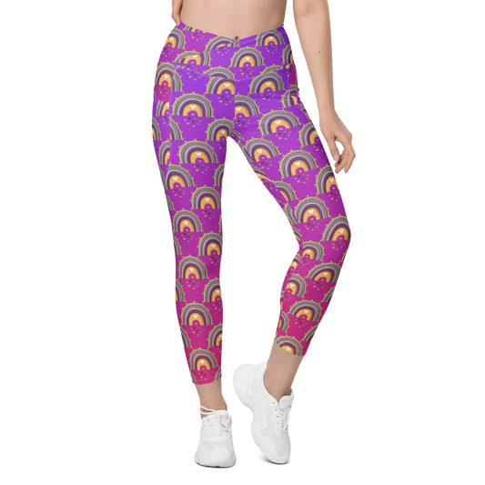 Pink & Purple | Boho Birds Pattern | Bohemian Style | All-Over Print Crossover Leggings with Pockets - #10