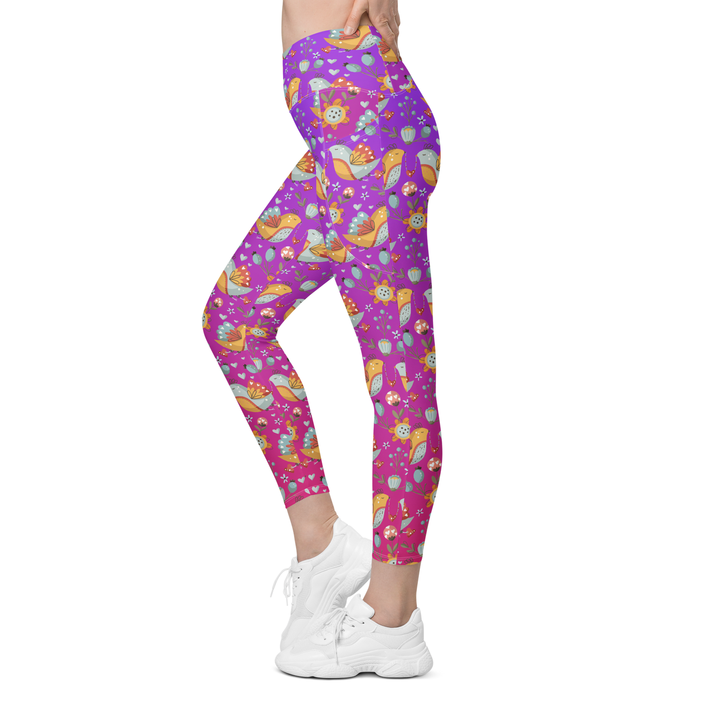 Pink & Purple | Boho Birds Pattern | Bohemian Style | All-Over Print Crossover Leggings with Pockets - #2