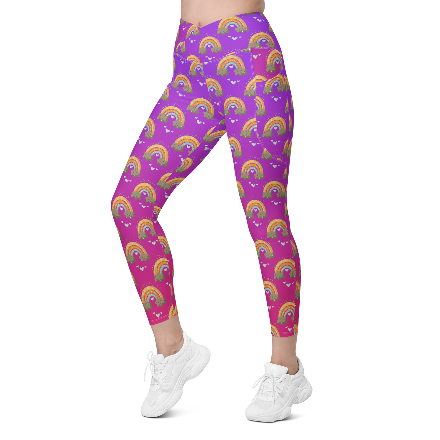 Pink & Purple | Boho Birds Pattern | Bohemian Style | All-Over Print Crossover Leggings with Pockets - #1