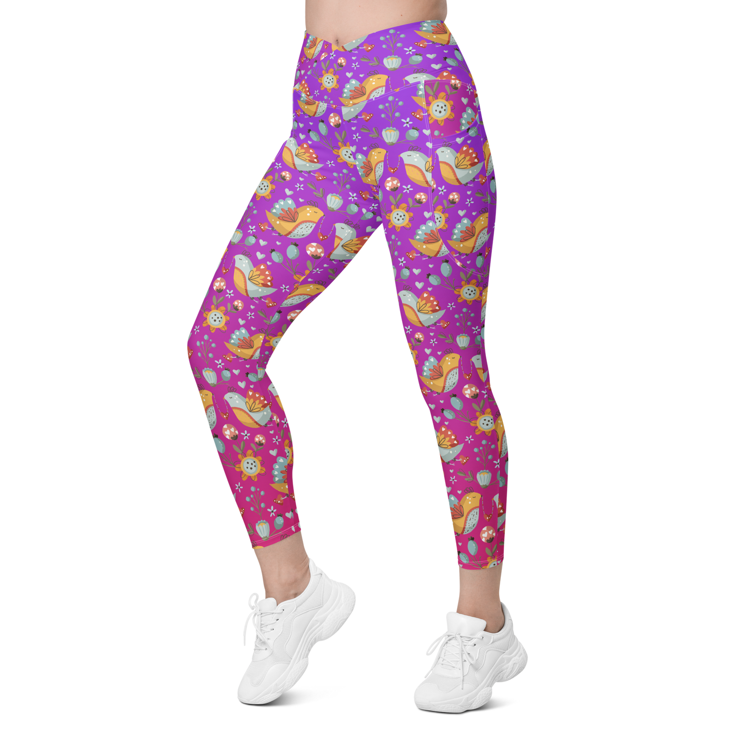 Pink & Purple | Boho Birds Pattern | Bohemian Style | All-Over Print Crossover Leggings with Pockets - #2