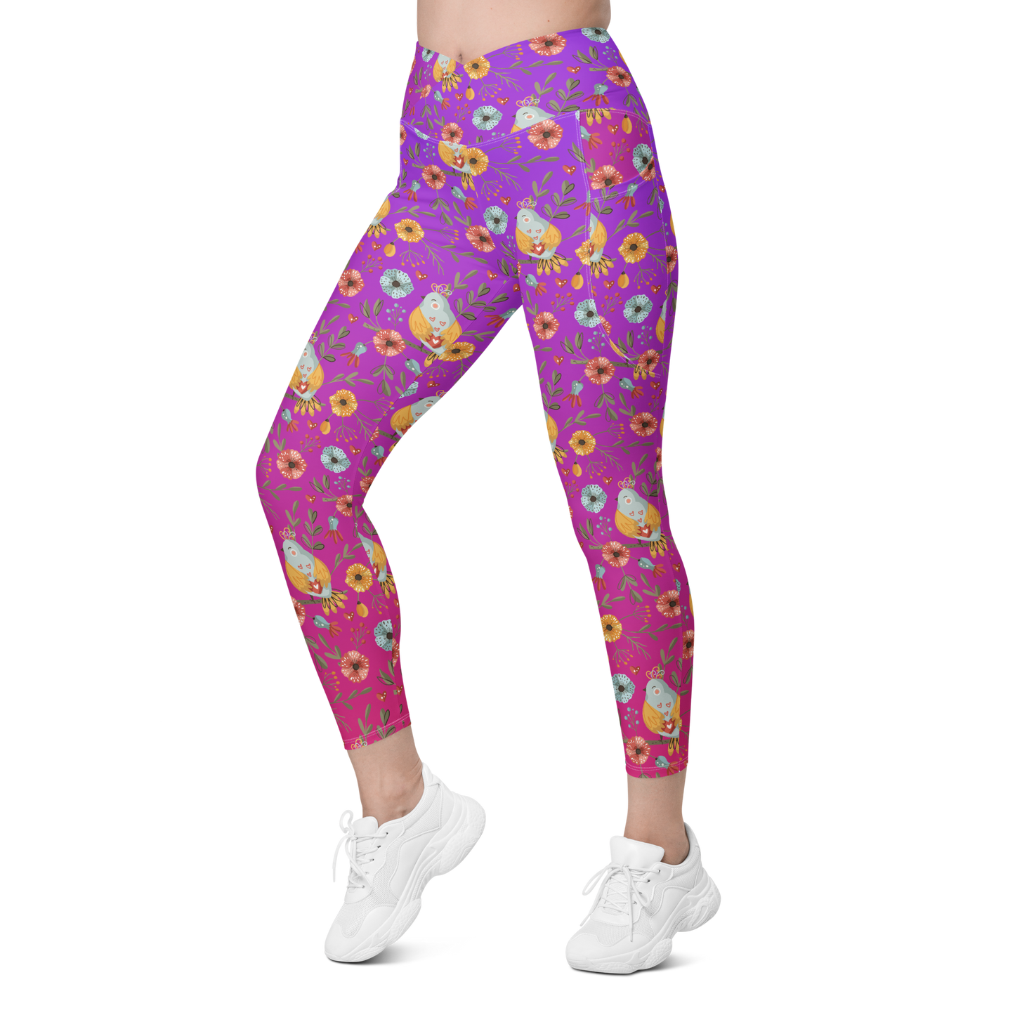 Pink & Purple | Boho Birds Pattern | Bohemian Style | All-Over Print Crossover Leggings with Pockets - #3