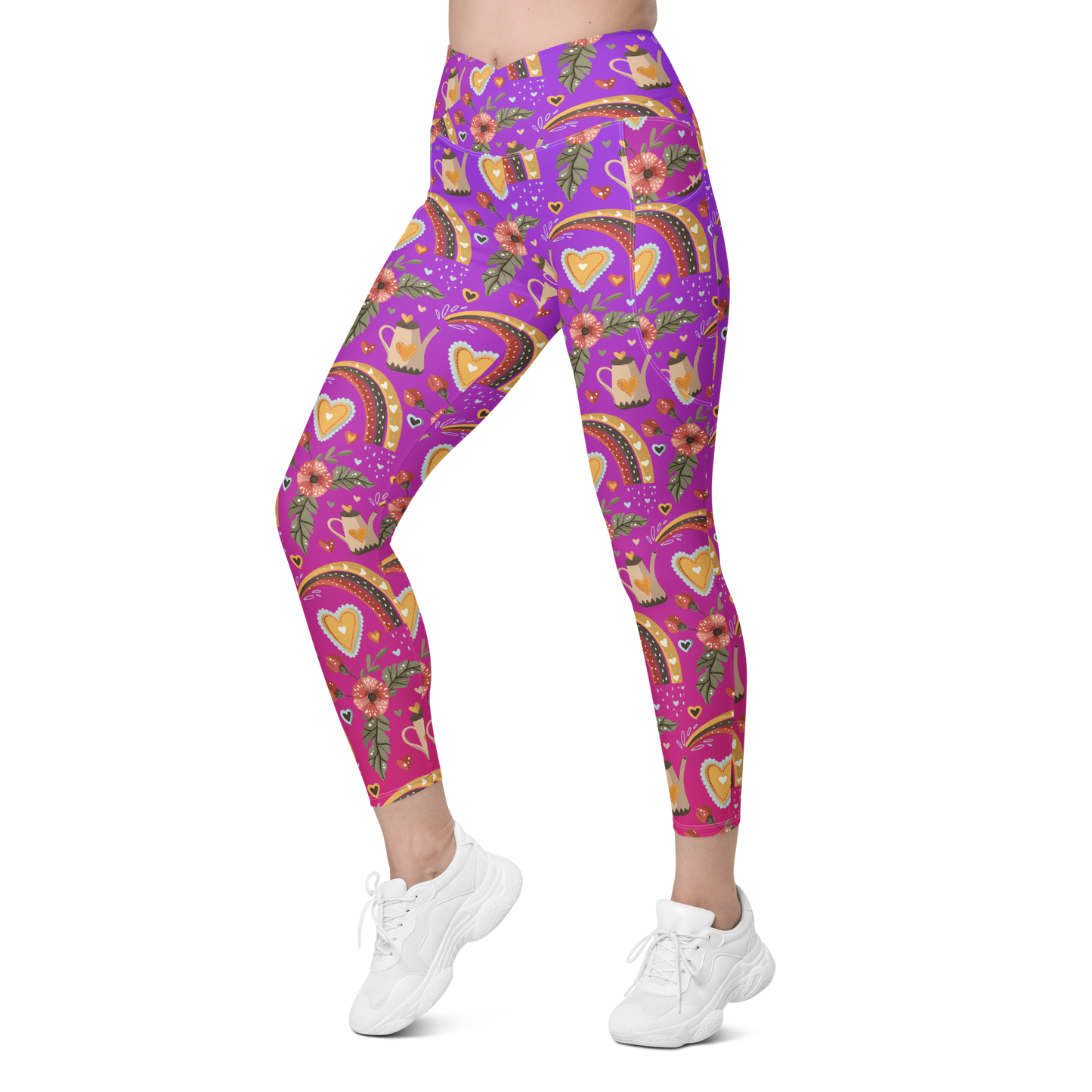 Pink & Purple | Boho Birds Pattern | Bohemian Style | All-Over Print Crossover Leggings with Pockets - #4