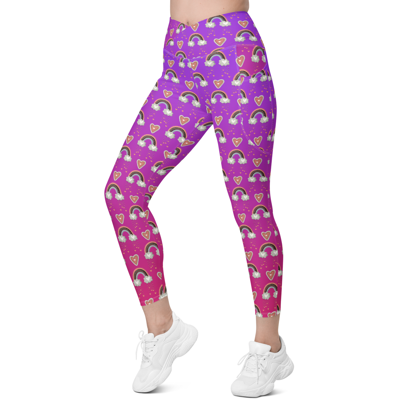 Pink & Purple | Boho Birds Pattern | Bohemian Style | All-Over Print Crossover Leggings with Pockets - #6