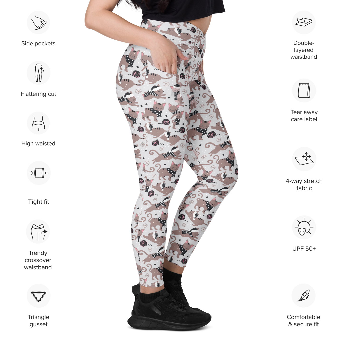 Winter Christmas Cat | Seamless Patterns | All-Over Print Crossover Leggings with Pockets - #1