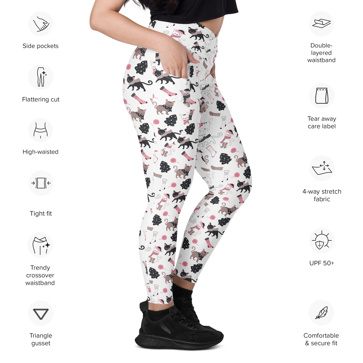 Winter Christmas Cat | Seamless Patterns | All-Over Print Crossover Leggings with Pockets - #3