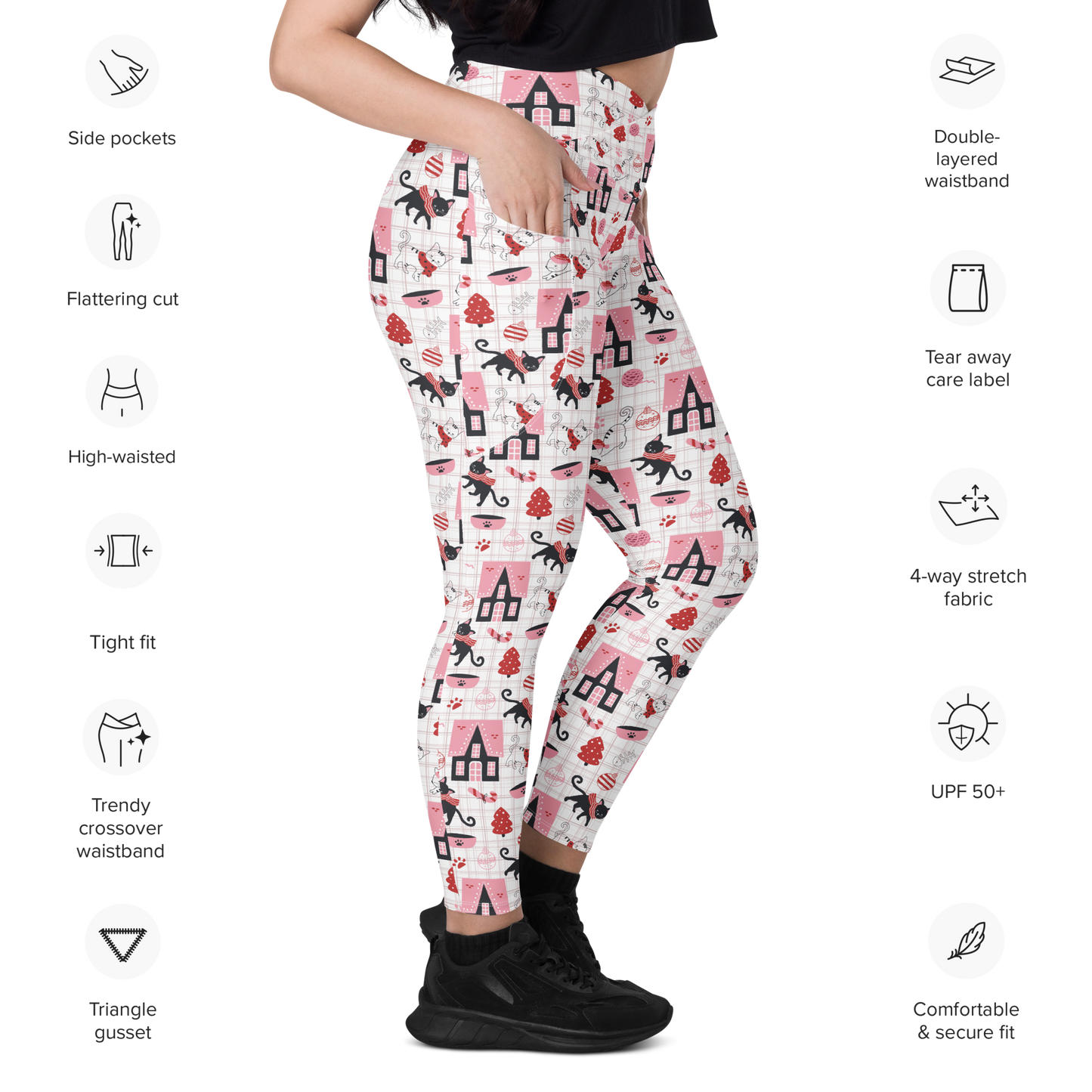 Winter Christmas Cat | Seamless Patterns | All-Over Print Crossover Leggings with Pockets - #5