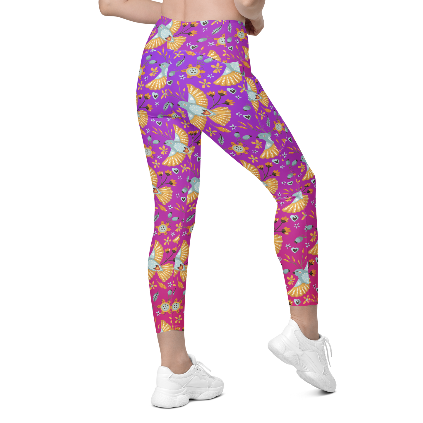 Pink & Purple | Boho Birds Pattern | Bohemian Style | All-Over Print Crossover Leggings with Pockets - #8