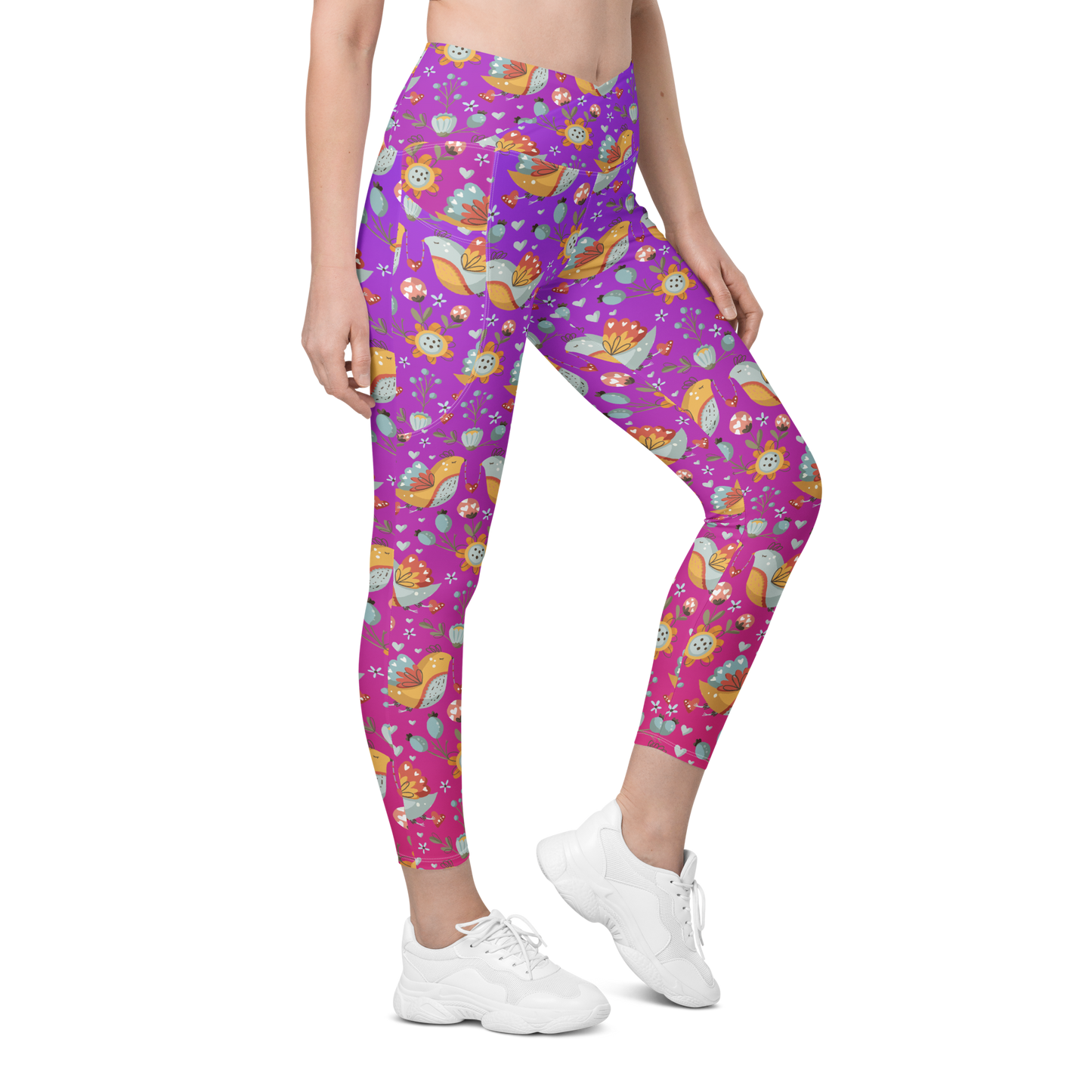 Pink & Purple | Boho Birds Pattern | Bohemian Style | All-Over Print Crossover Leggings with Pockets - #2