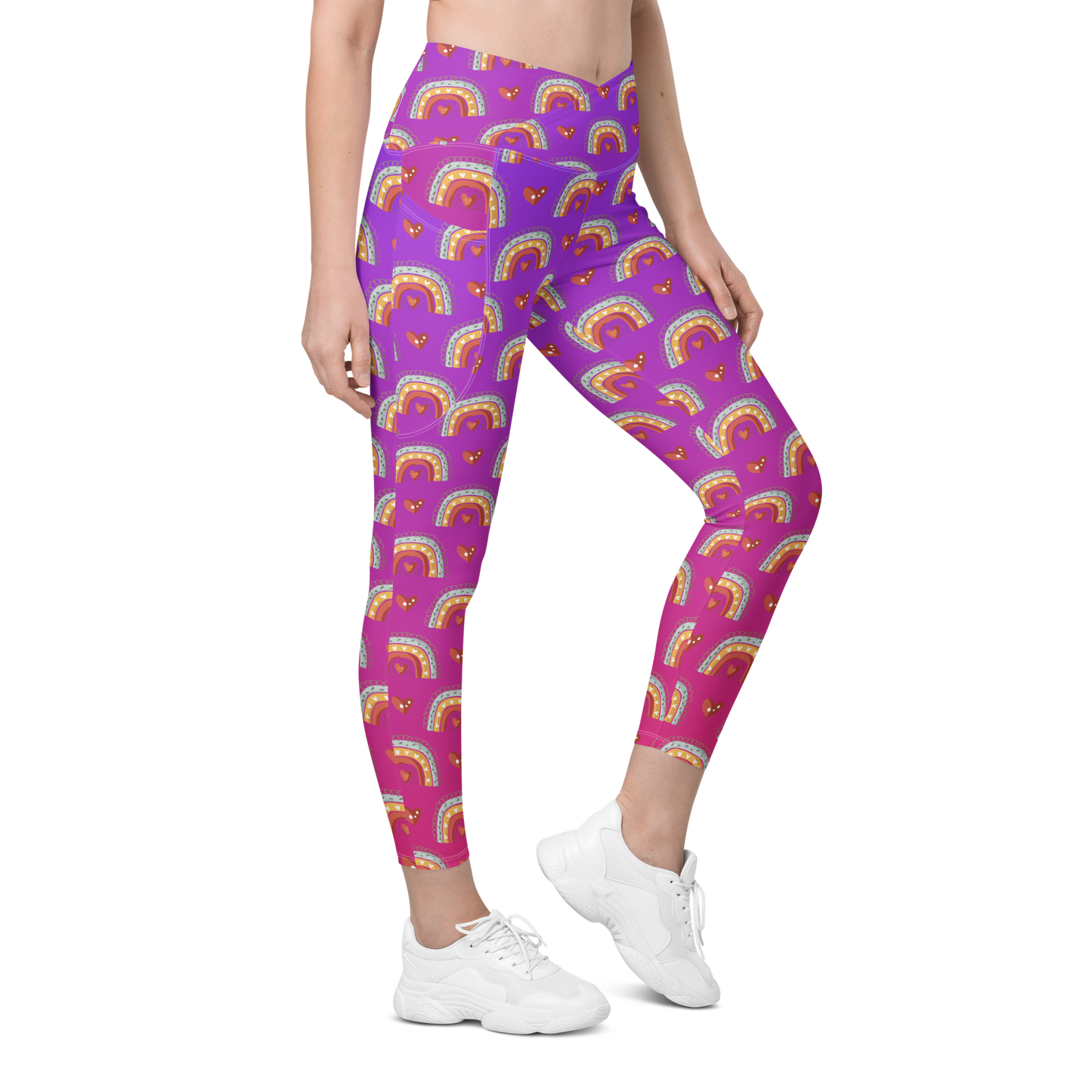 Pink & Purple | Boho Birds Pattern | Bohemian Style | All-Over Print Crossover Leggings with Pockets - #9
