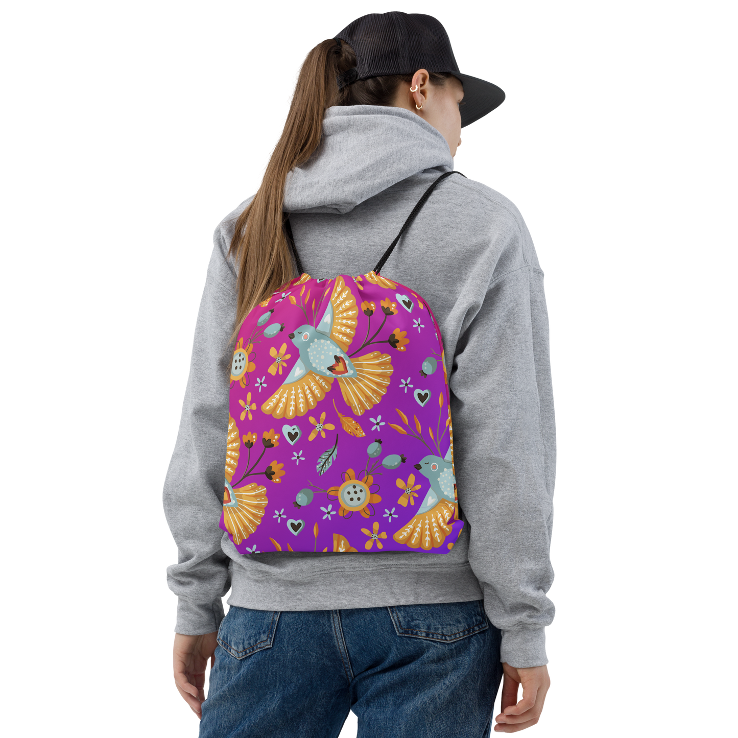 Pink & Purple | Boho Birds Pattern | Bohemian Style | All-Over Print Drawstring Bag - #1