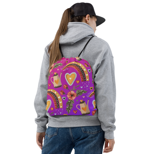 Pink & Purple | Boho Birds Pattern | Bohemian Style | All-Over Print Drawstring Bag - #6