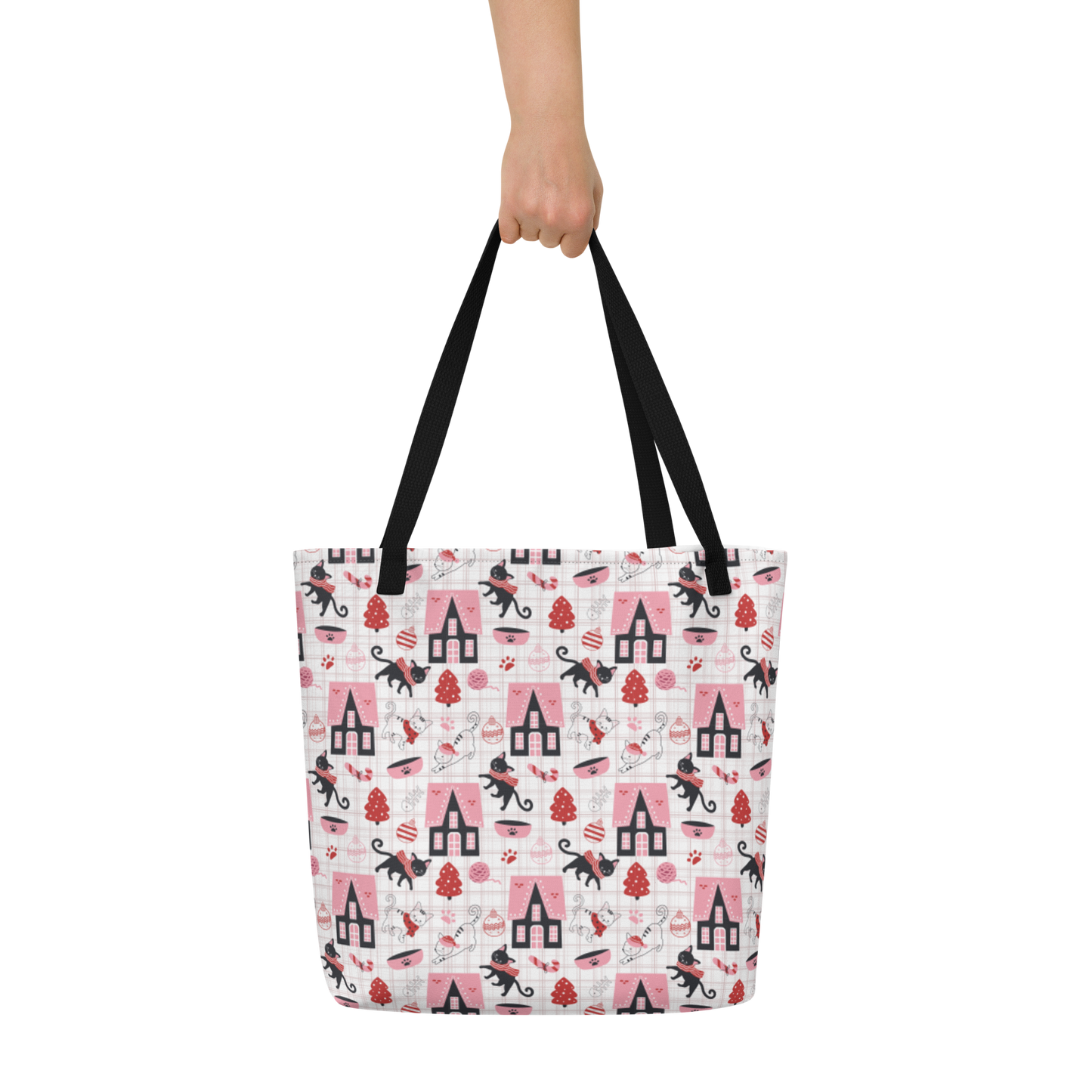 Winter Christmas Cat | Seamless Patterns | All-Over Print Large Tote Bag w/ Pocket - #6