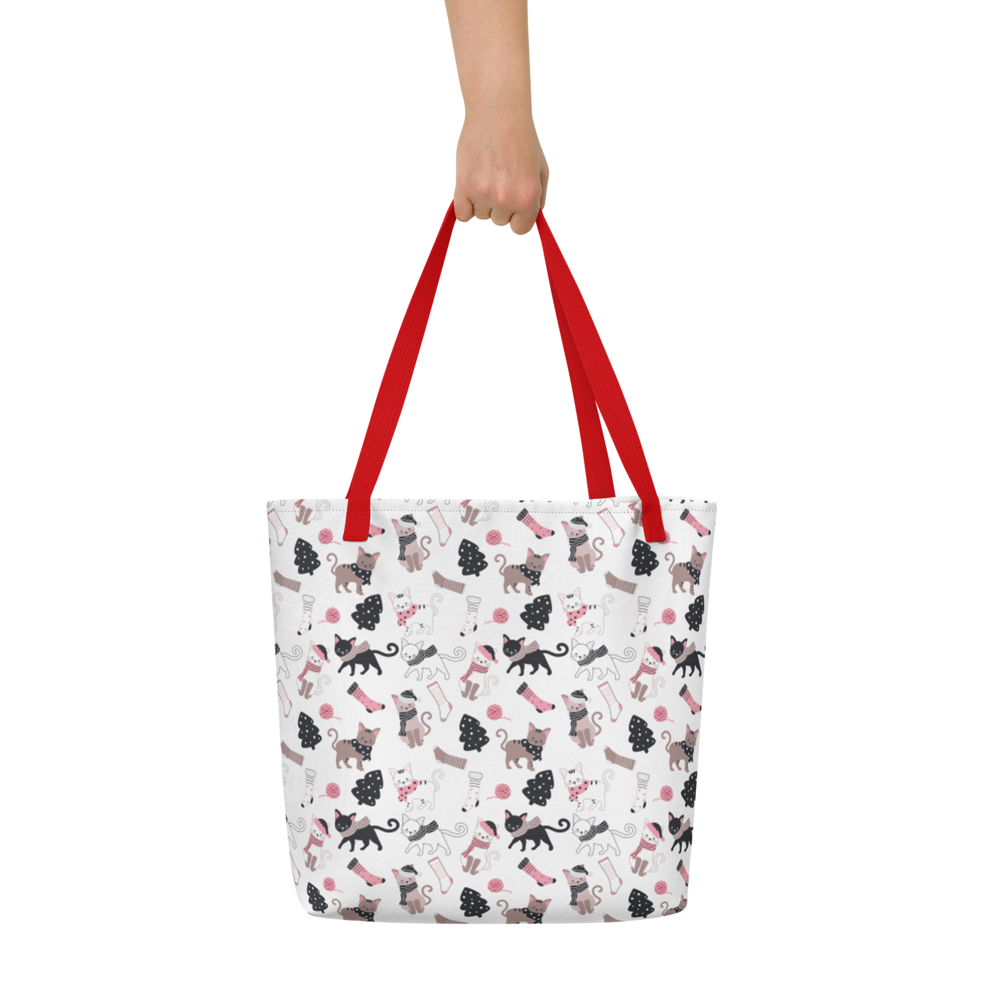 Winter Christmas Cat | Seamless Patterns | All-Over Print Large Tote Bag w/ Pocket - #4